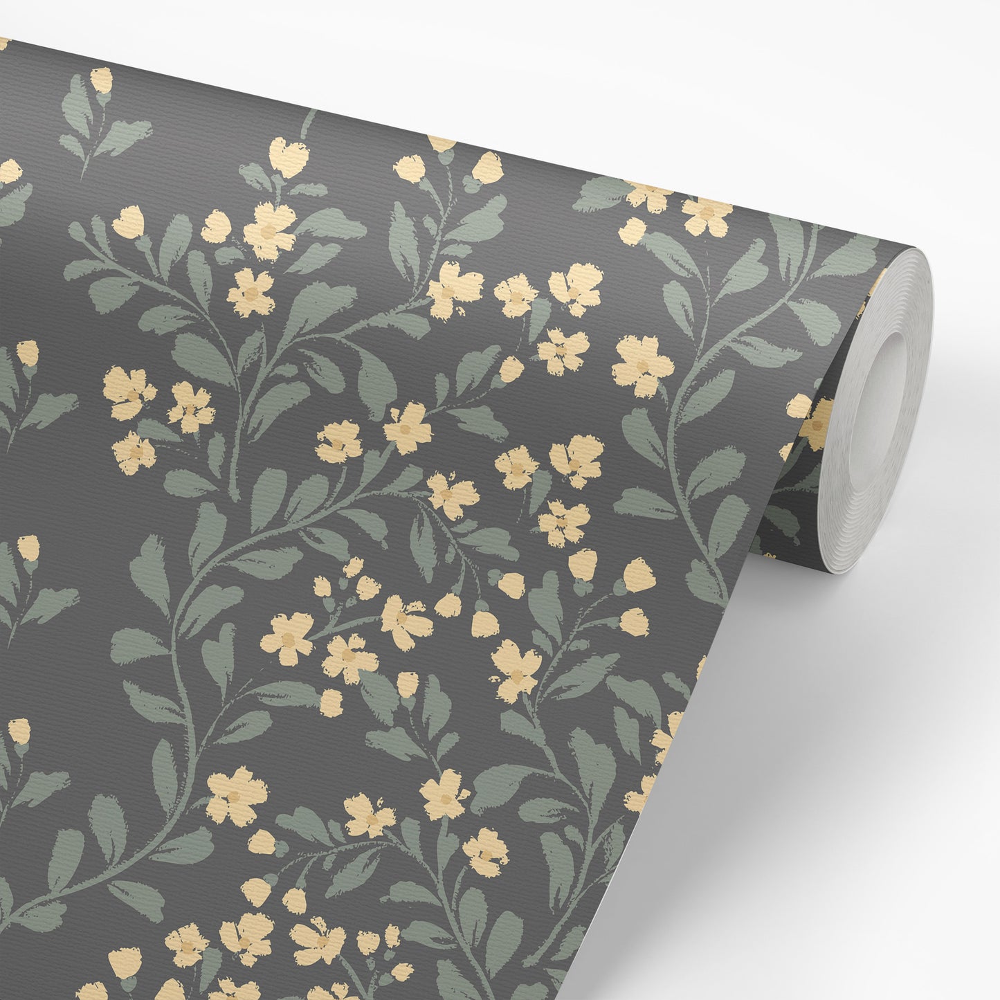 Abigail Wallpaper - Yellow Flowers on Gray Blue
