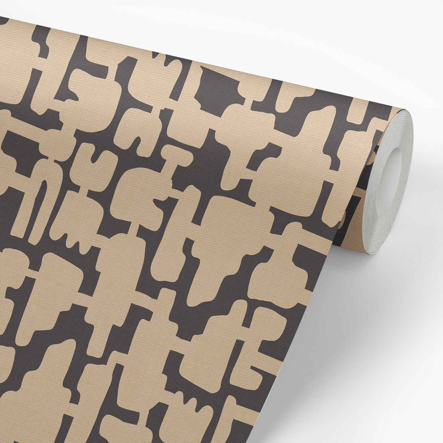 Wallpaper roll preview of Abstract Shapes Wallpaper in Beige on Charcoal.