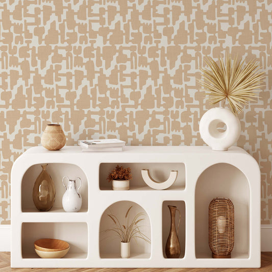 Add some eye-catching style to your walls with our Abstract Shapes Wallpaper! This modern design features an intricate blend of beige shapes on a beige on cream background.