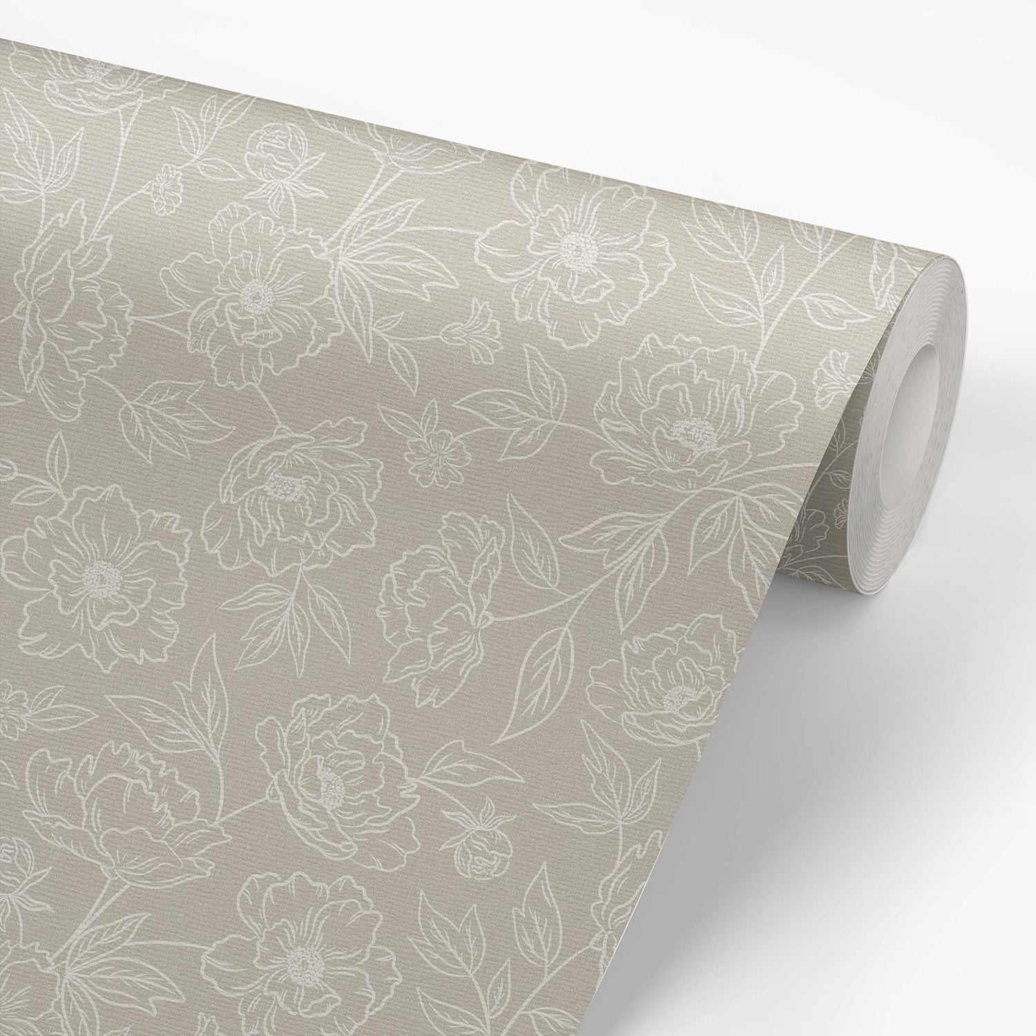 Anemone Blooms Wallpaper in Cream on beige shown on a wallpaper roll.