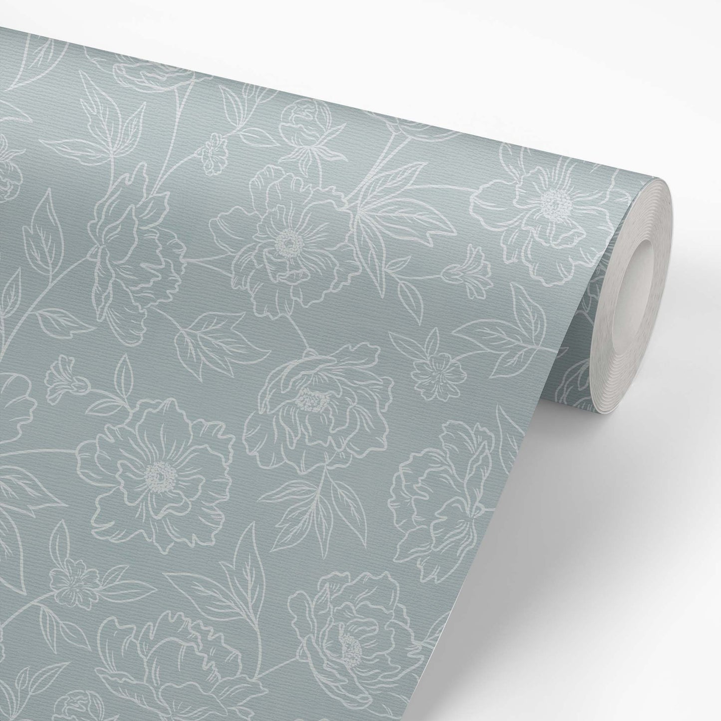 Anemone Blooms Wallpaper in Cream on Cloudy Blue shown on a wallpaper roll.