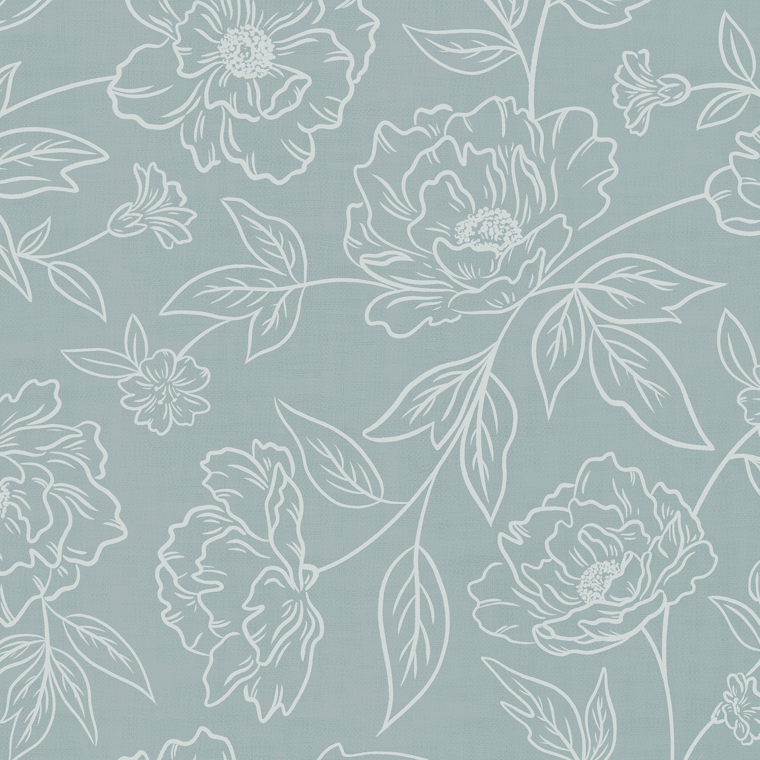 Anemone Blooms Wallpaper in Cream on Cloudy Blue shown close up.
