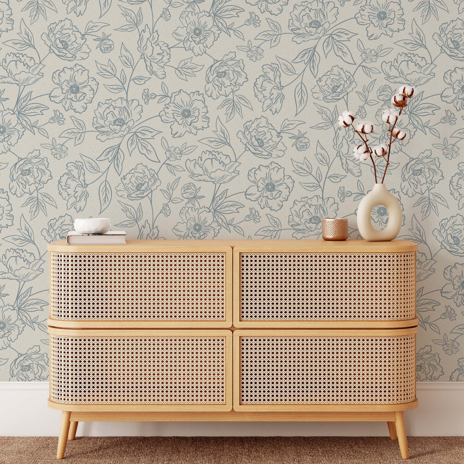 Anemone Blooms Wallpaper in Cloudy Blue shown in an entry way.