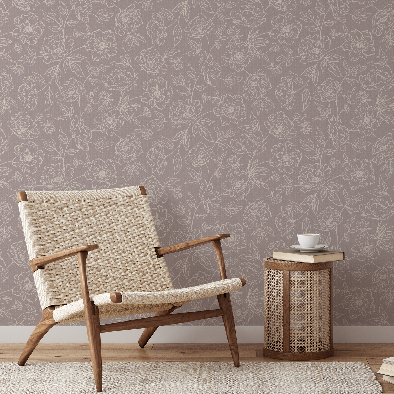 Anemone Blooms Wallpaper in Cream on Rose shown in an office.