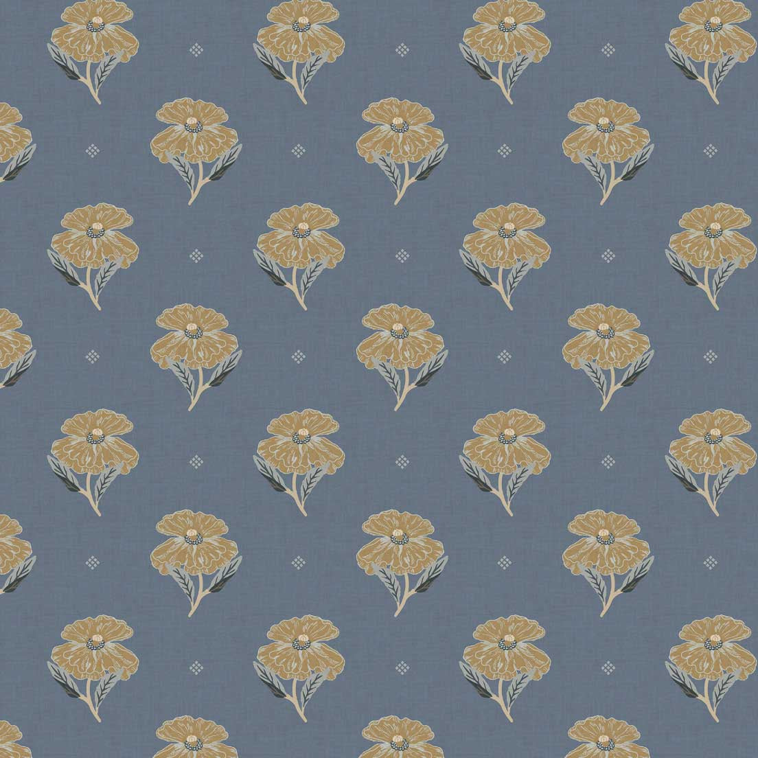 Antique Poppy Wallpaper in Blue shown in a closeup view.
