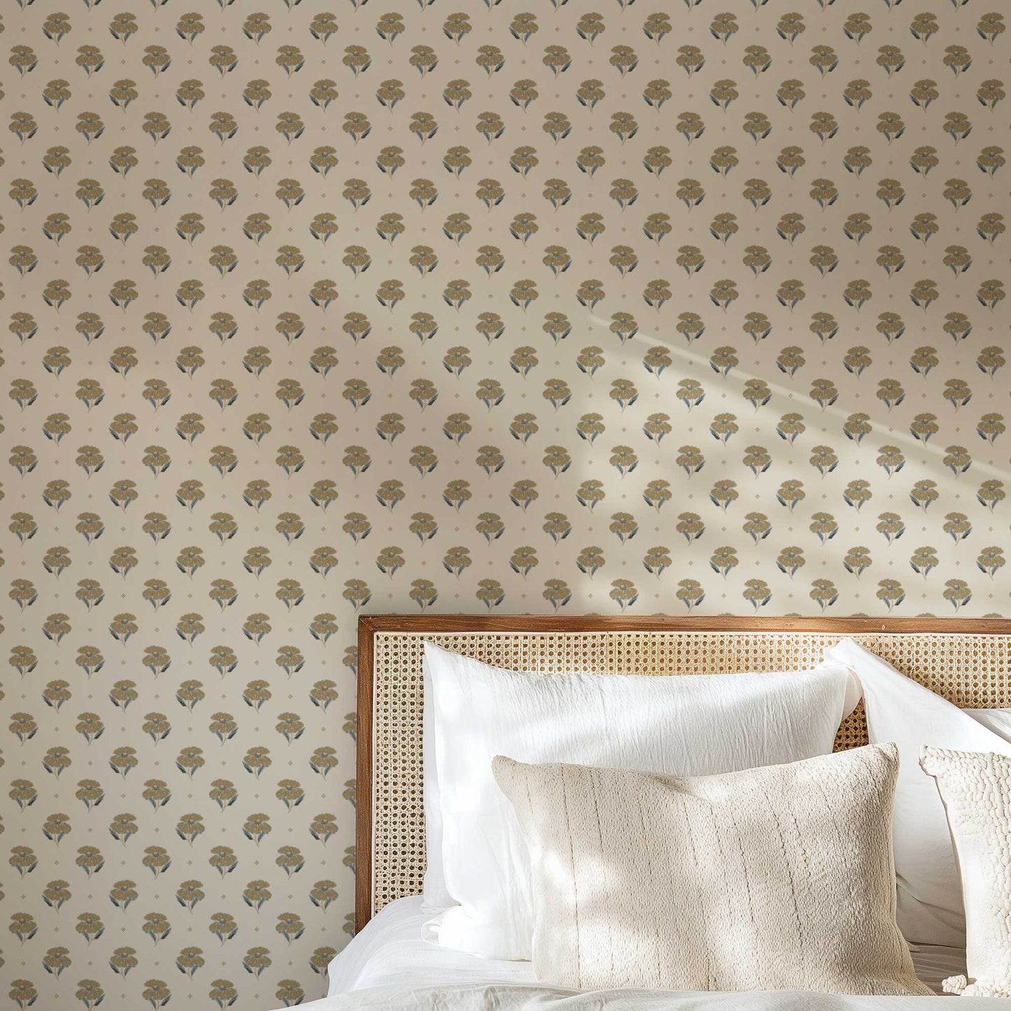 Antique Poppy Wallpaper in Tan shown in a bedroom.