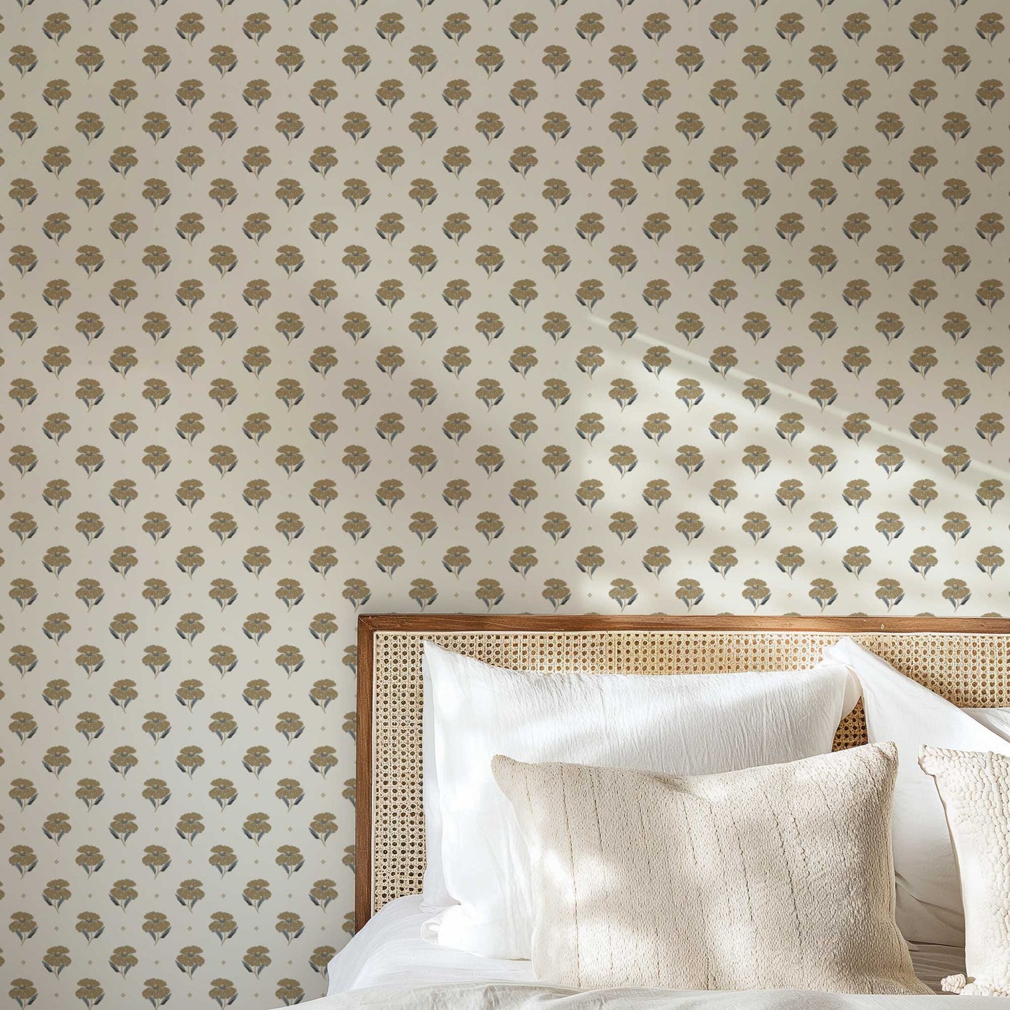Antique Poppy Wallpaper in Cream in a bedroom.