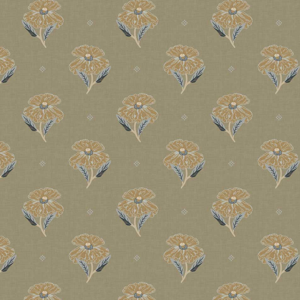 Closeup view of our Antique Poppy Wallpaper in Sage