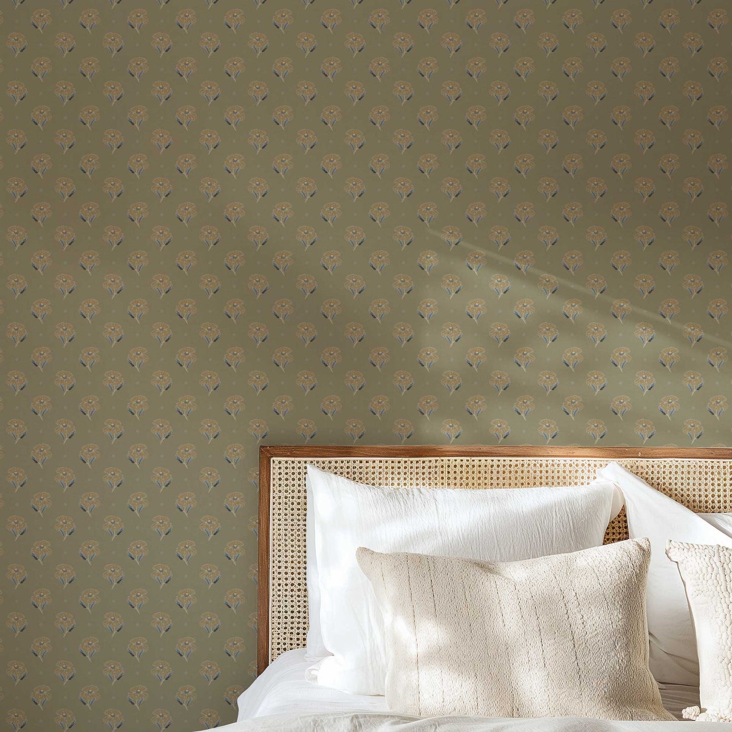 Antique Poppy Wallpaper in Sage shown in a bedroom.