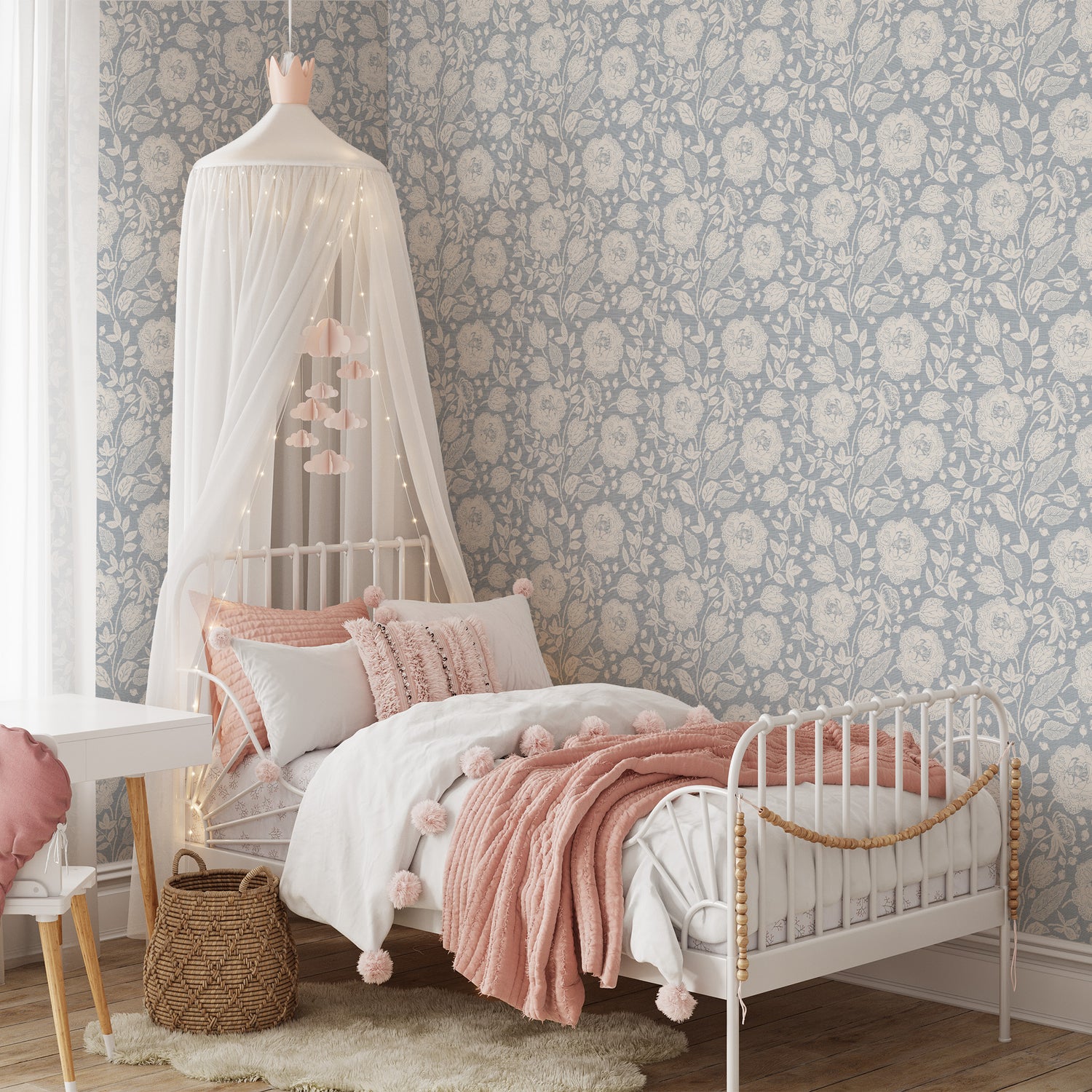 Antique Peonies Wallpaper - Cream on Blue