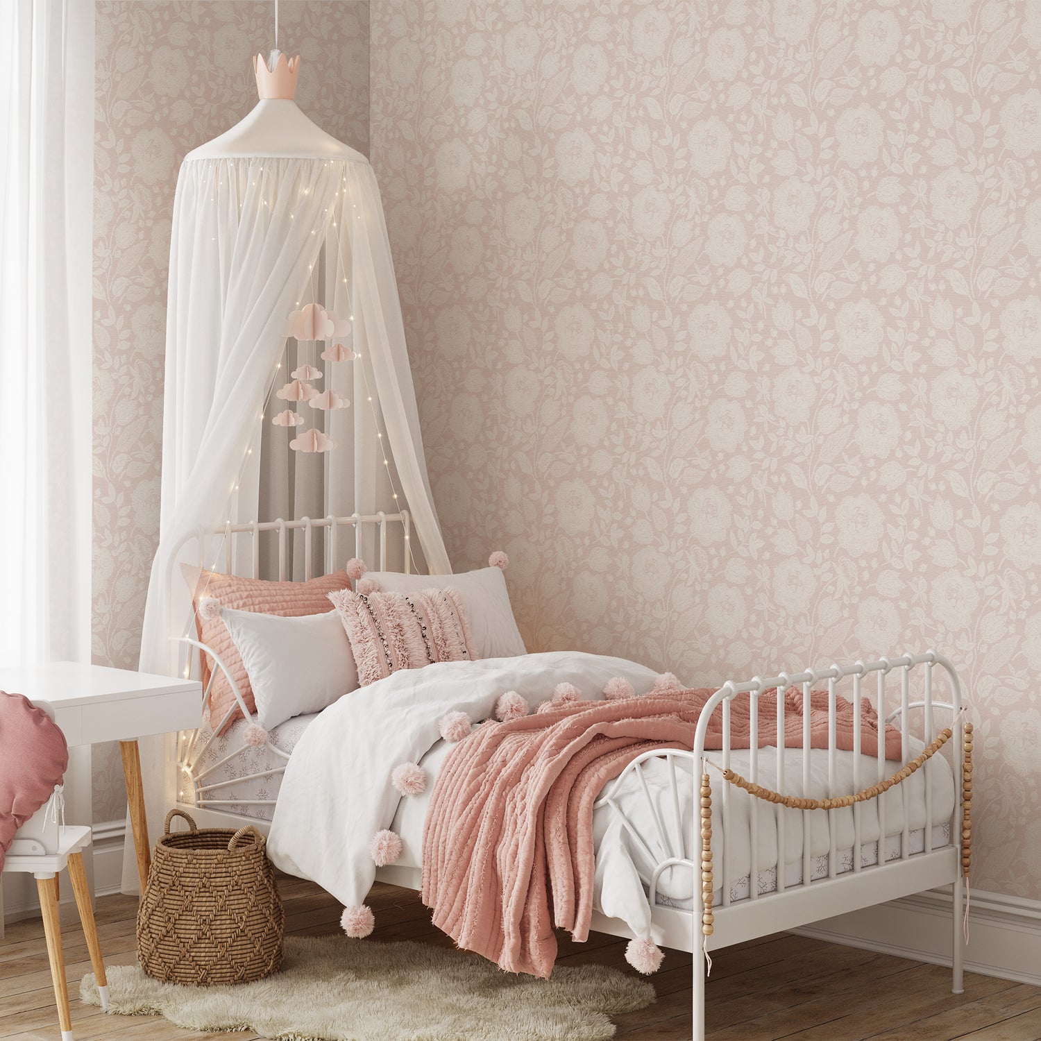 Antique Peonies Wallpaper - Cream on Soft Pink