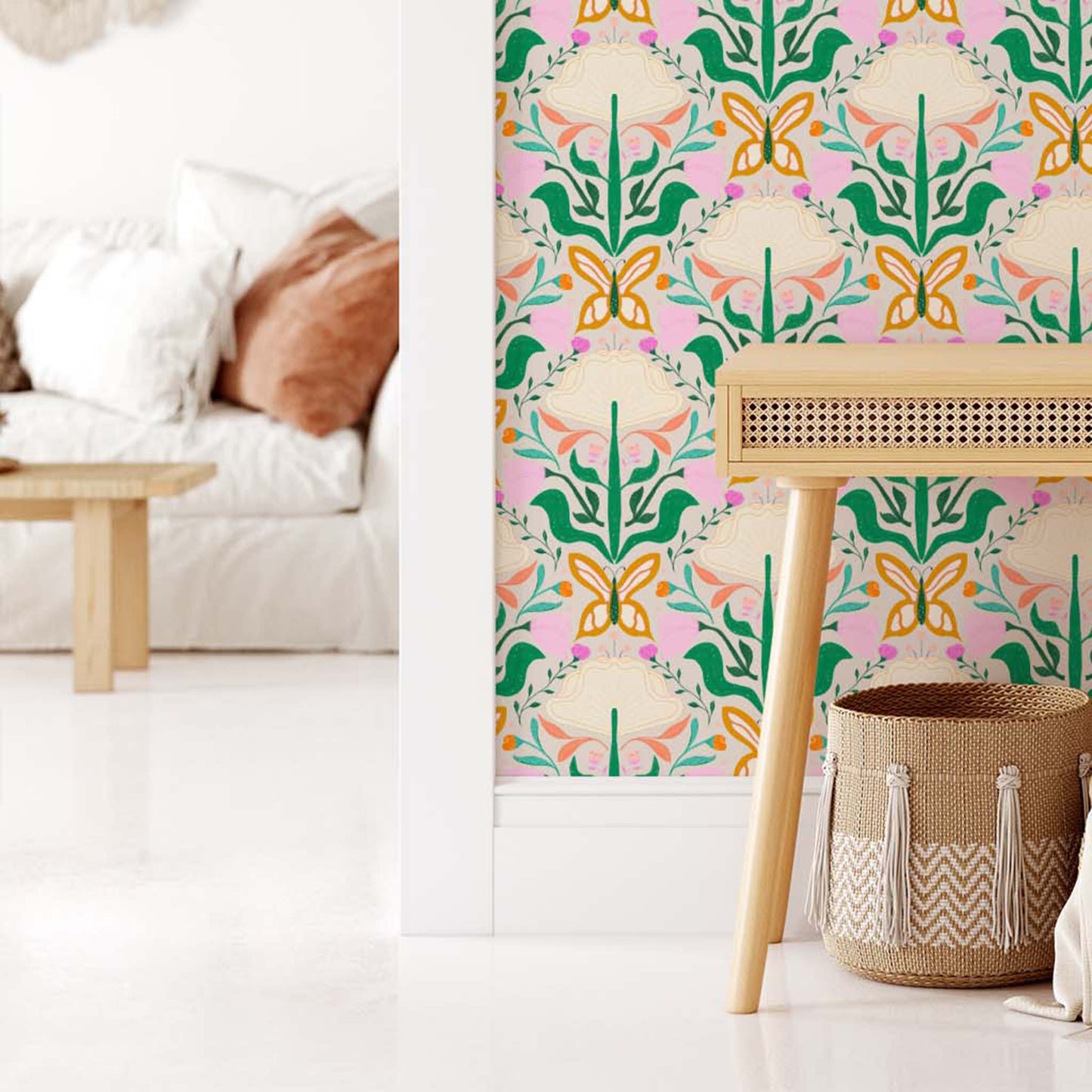 Living Room featuring our Floral Damask Wallpaper in Bright colors by artist Brenda Bird for Ayara