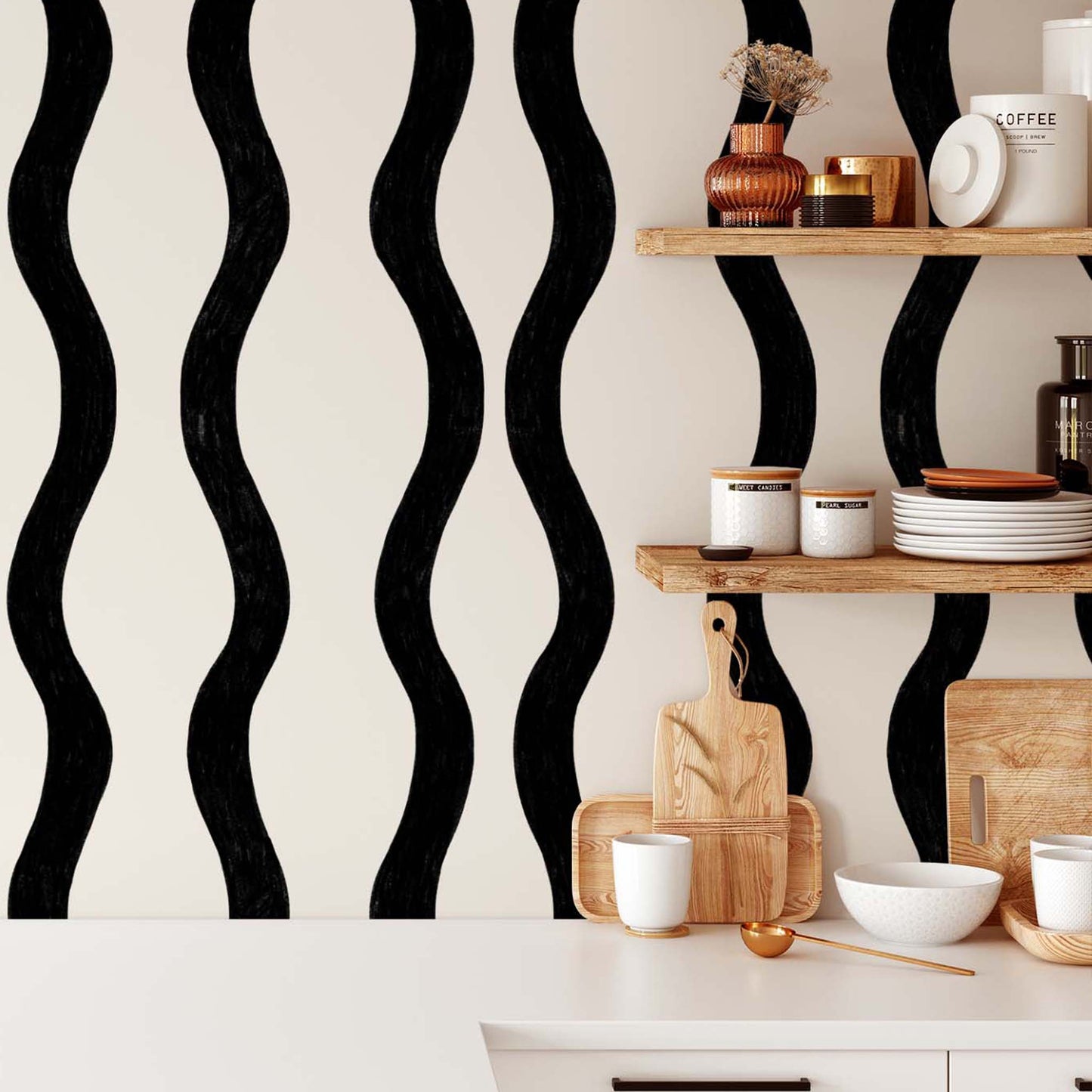 Kitchen featuring Modern Wavy Lines Wallpaper in Black by artist Brenda Bird for Ayara