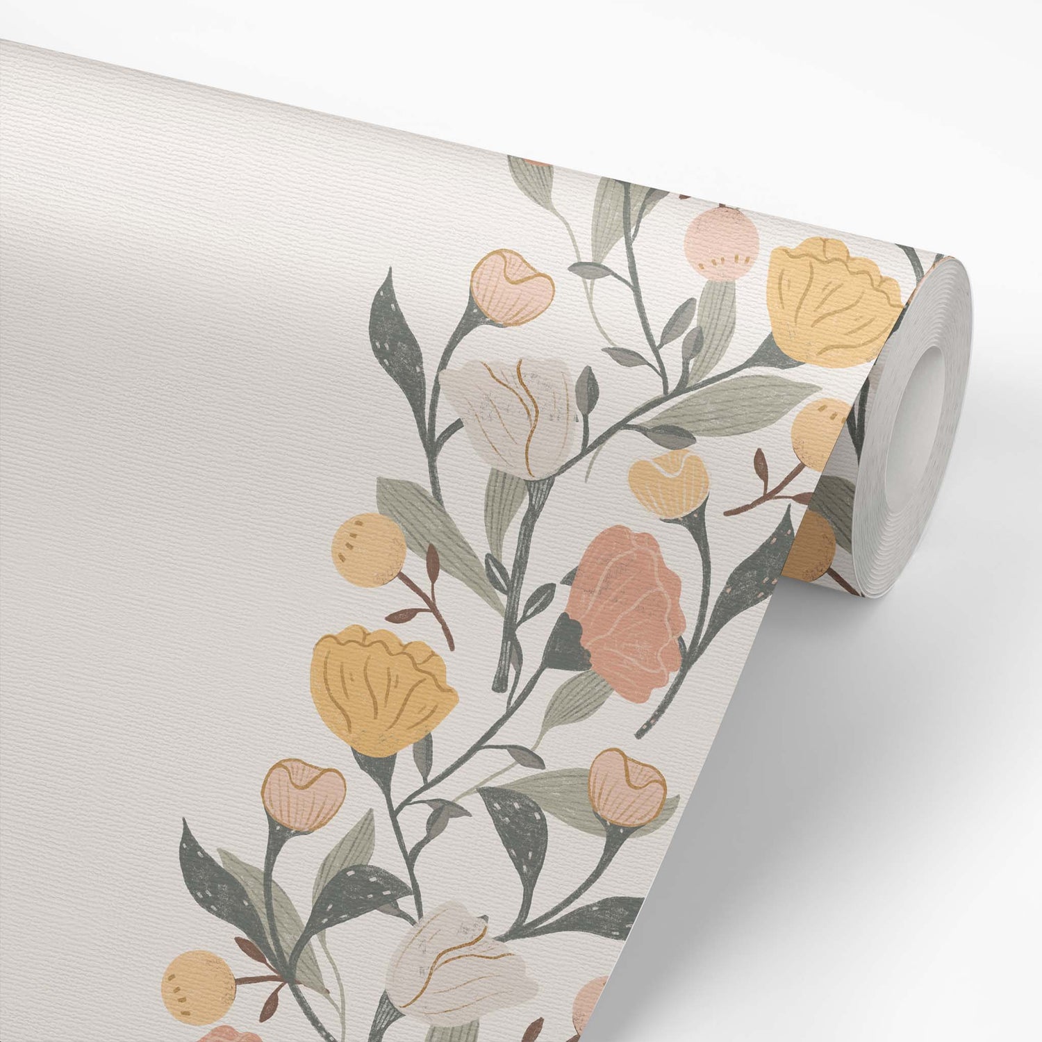 Wallpaper roll preview of this Floral Stripe Wallpaper in Neutral by artist Brenda Bird for Ayara.