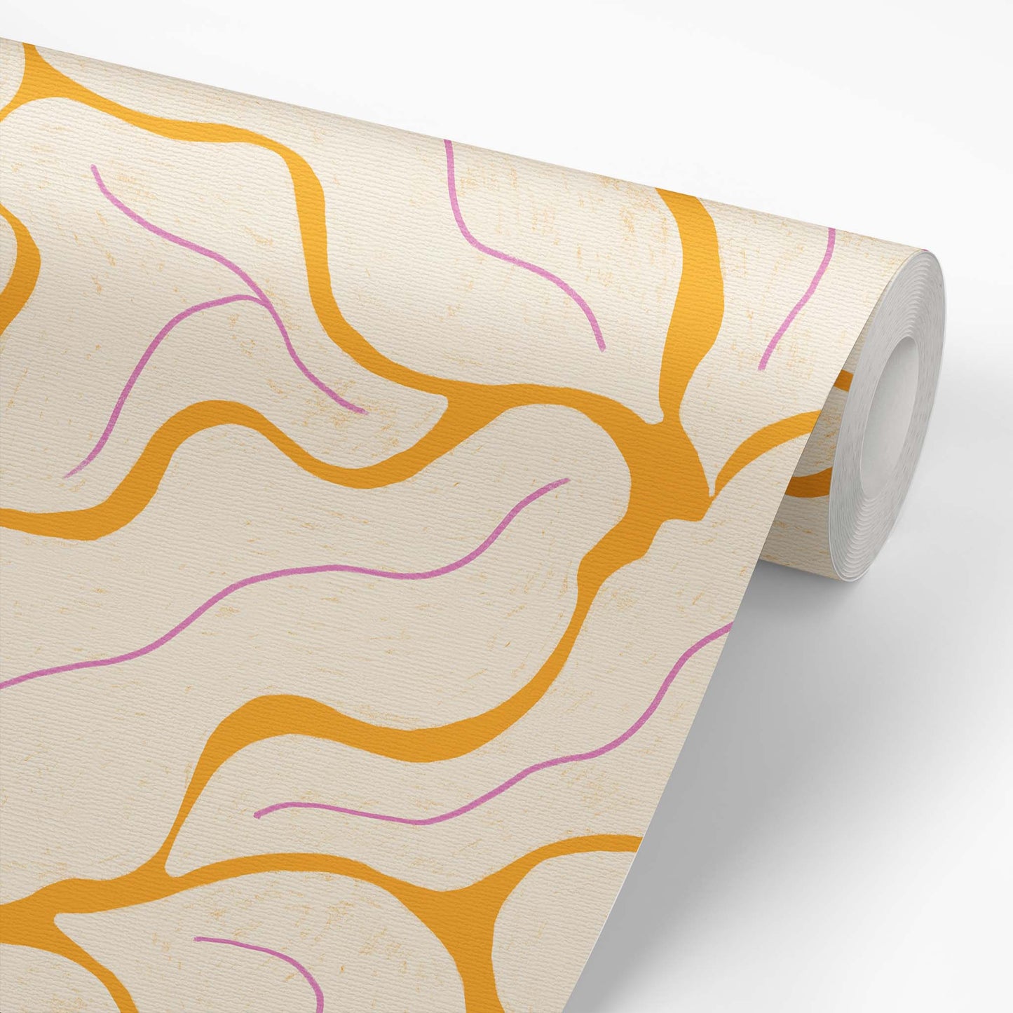 Wallpaper roll featuring our Modern Leaves Wallpaper in Mustard by artist Brenda Bird for Ayara
