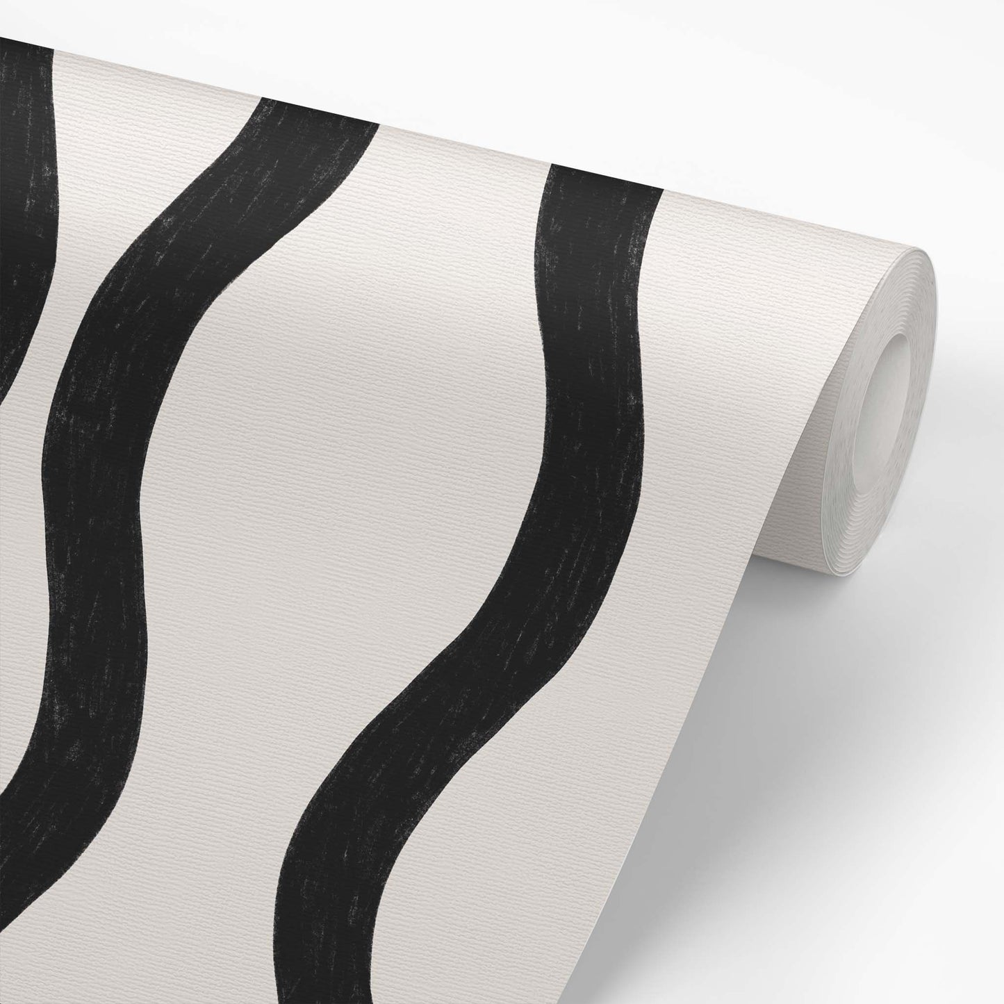 Wallpaper roll featuring Modern Wavy Lines Wallpaper in Black by artist Brenda Bird for Ayara