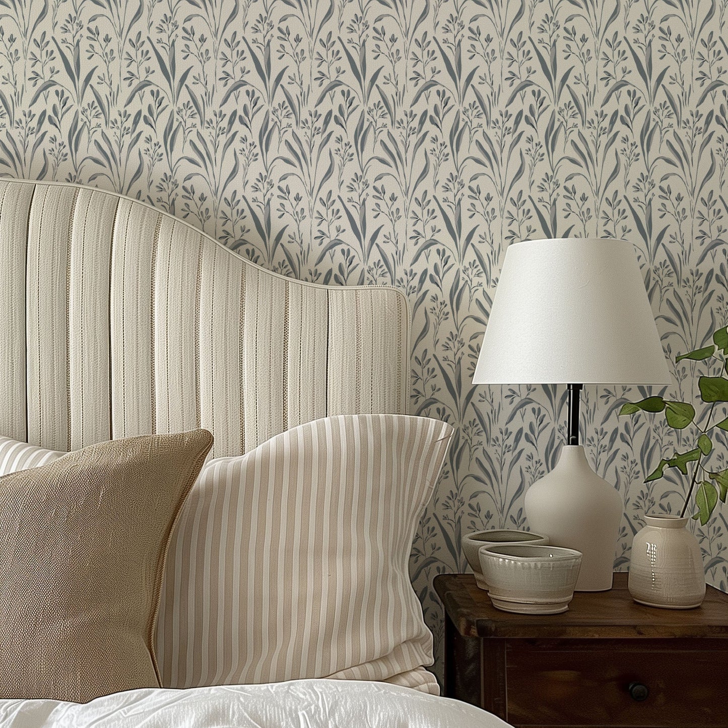 Vintage Grass Wallpaper in Slate Blue shown in a bedroom