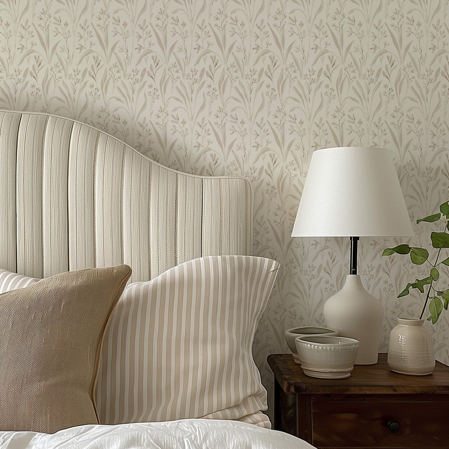 Vintage Grass Wallpaper in Natural Linen shown in a bedroom