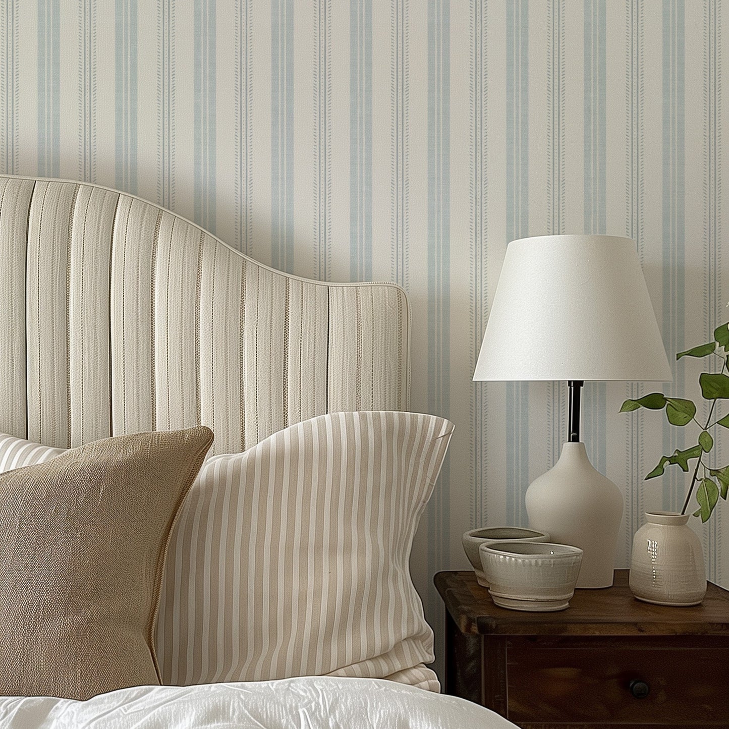 Antique Linen Stripe Wallpaper in Cream on Hinting Blue shown in a bedroom.