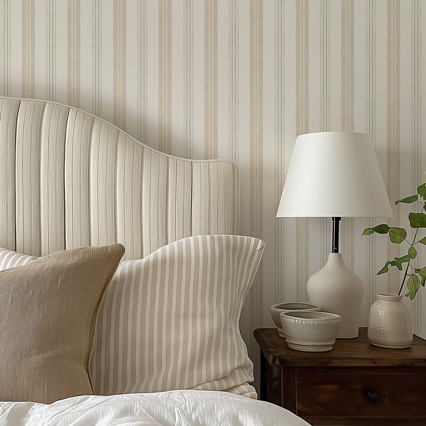 Antique Linen Stripes in Natural Linen on Cream shown in a bedroom.