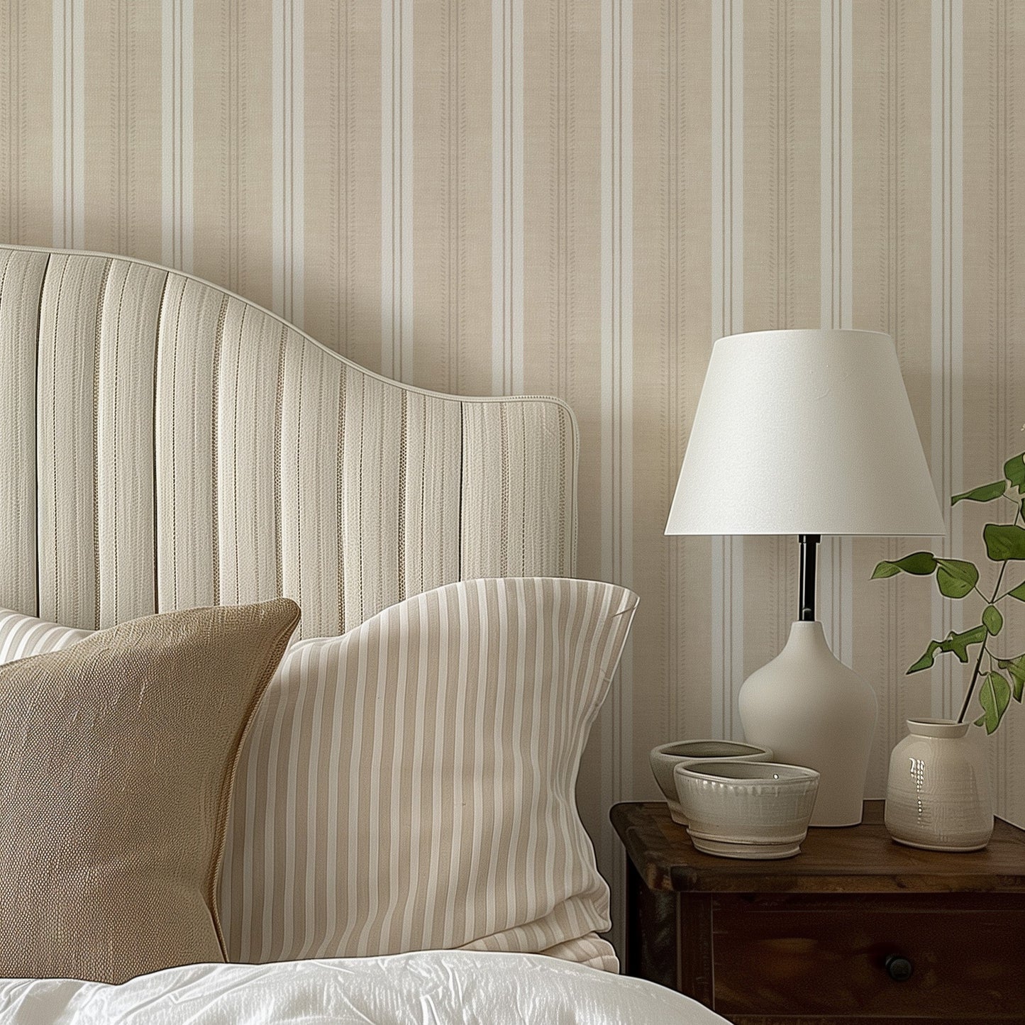 Antique Linen Stripe Wallpaper in Natural Linen shown in a bedroom.