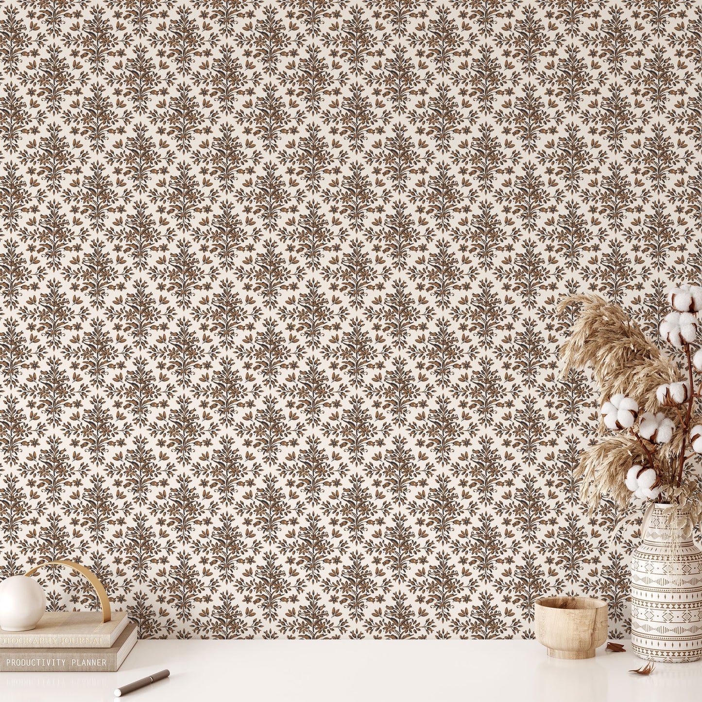 Rustic Lacy Wallpaper in Cashew Brown shown in a study room