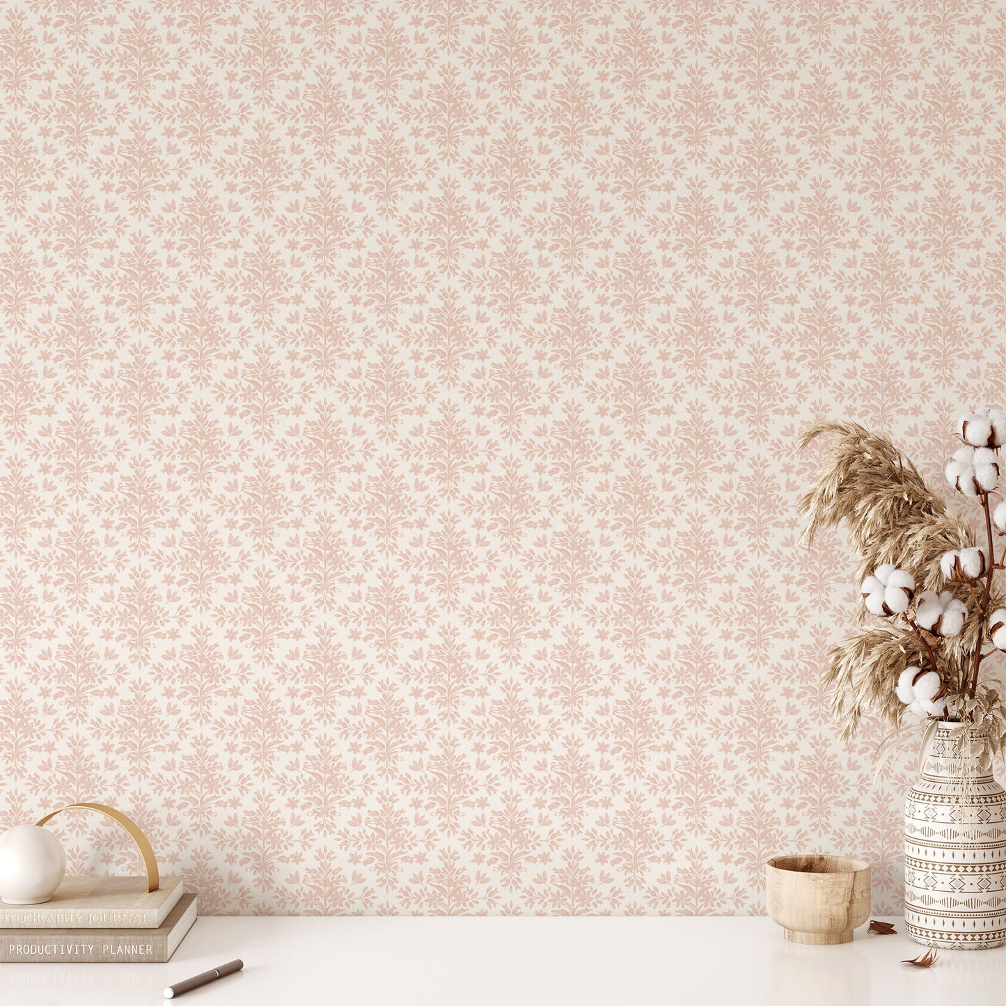 Rustic Lacy Wallpaper in Soft Pink shown in a study room