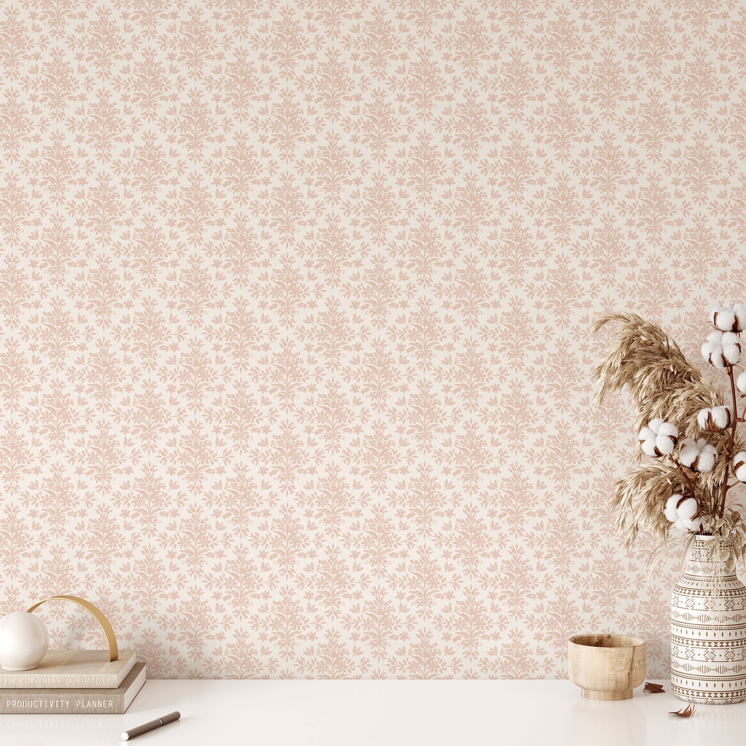 Rustic Lacy Wallpaper in Soft Pink shown in a study room