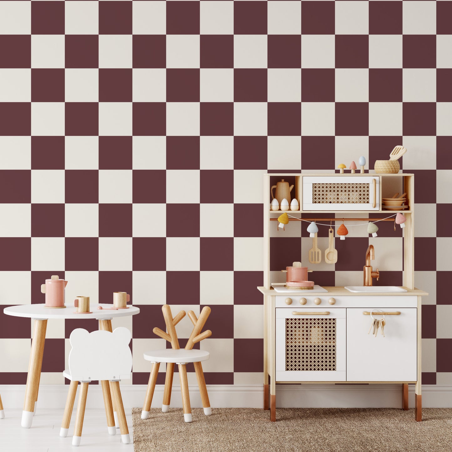 Classic Check Wallpaper in Burgundy shown in a playroom