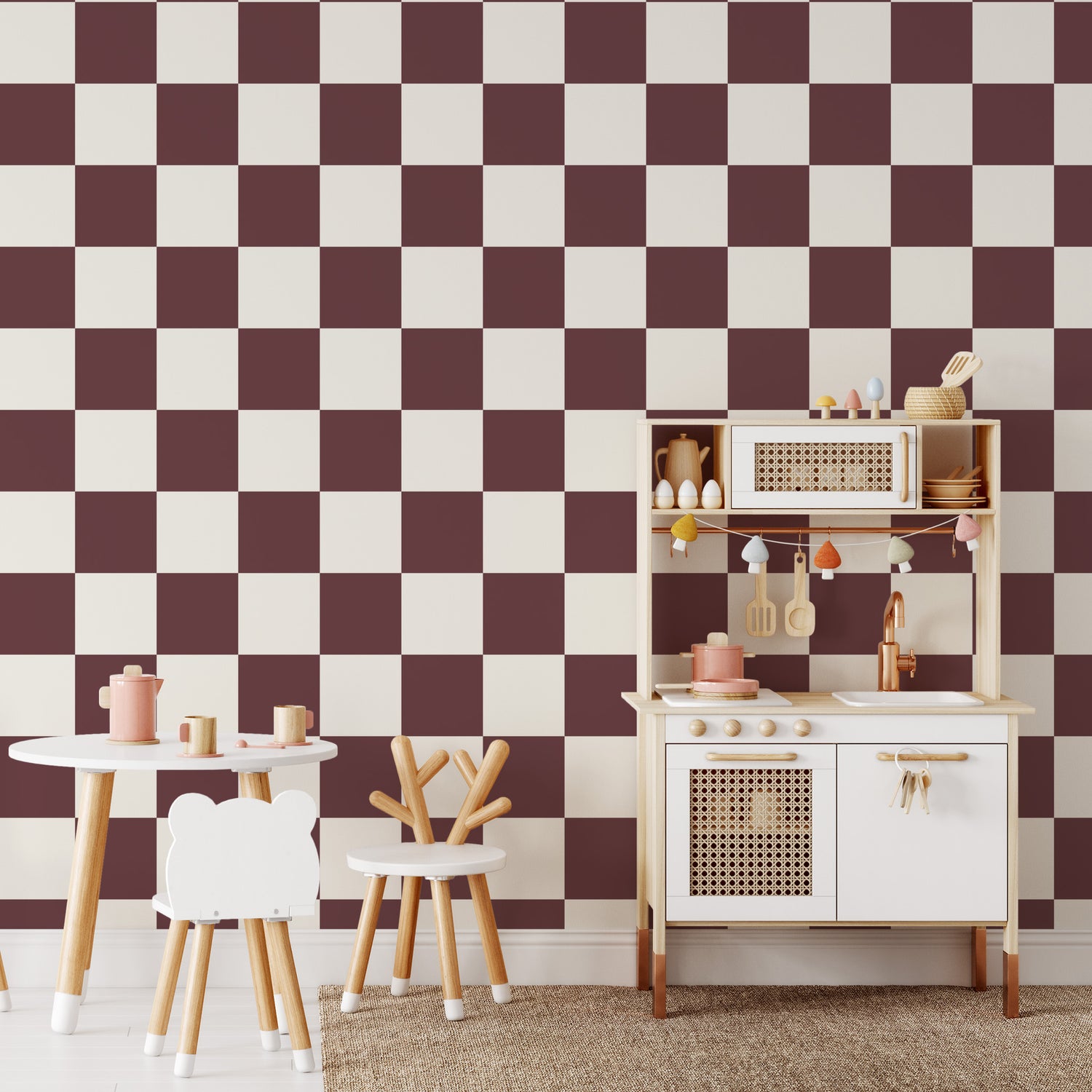Classic Check Wallpaper in Burgundy shown in a playroom