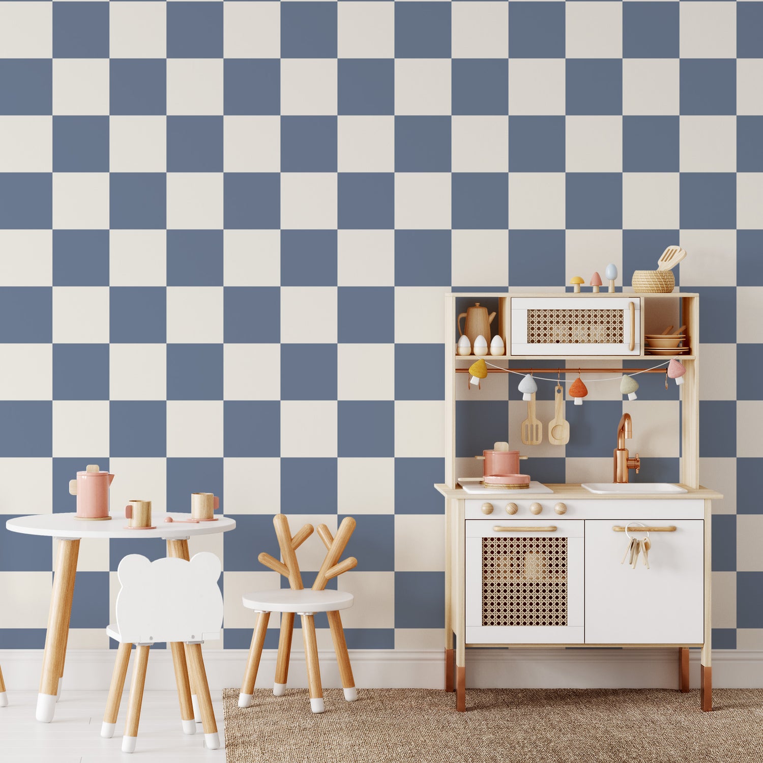 Classic Check Wallpaper in Dusty Blue shown in a playroom