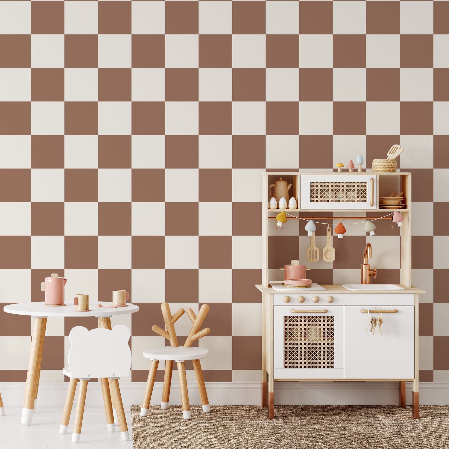 Classic Check Wallpaper in Mocha Mousse shown in a playroom