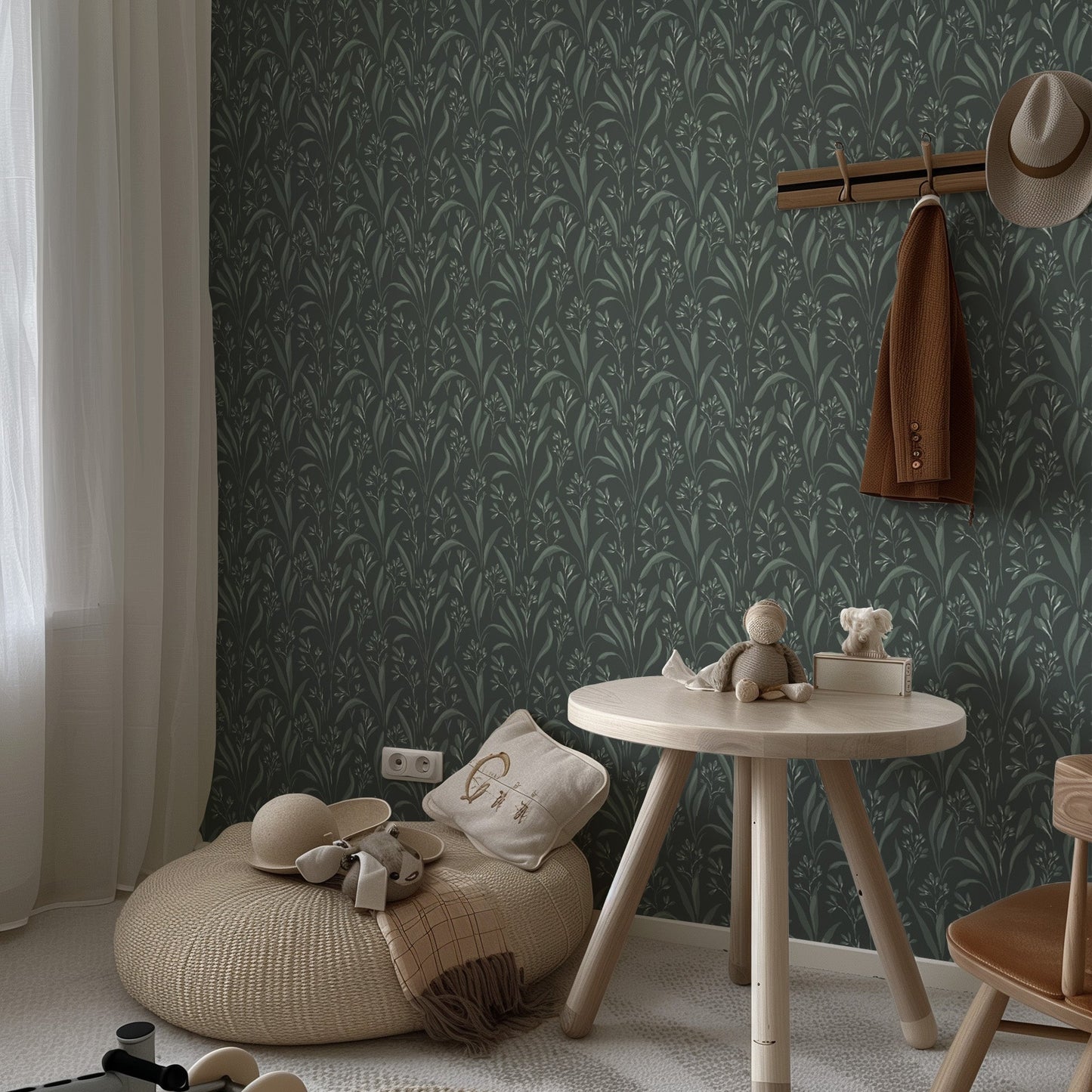 Vintage Grass Wallpaper in Deep Forest shown in a bedroom
