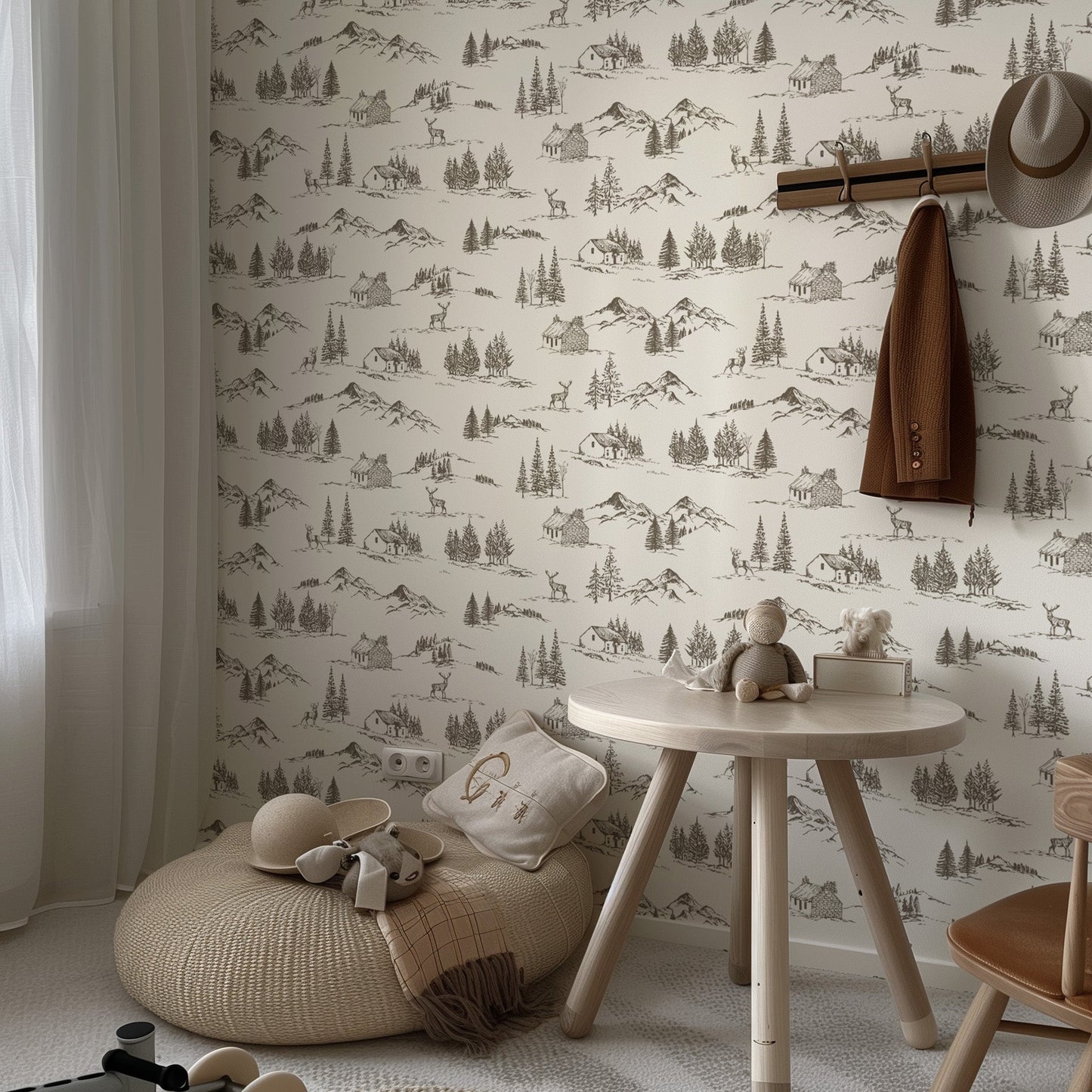 Winter Valley Toile Wallpaper in Cub Brown shown in a bedroom