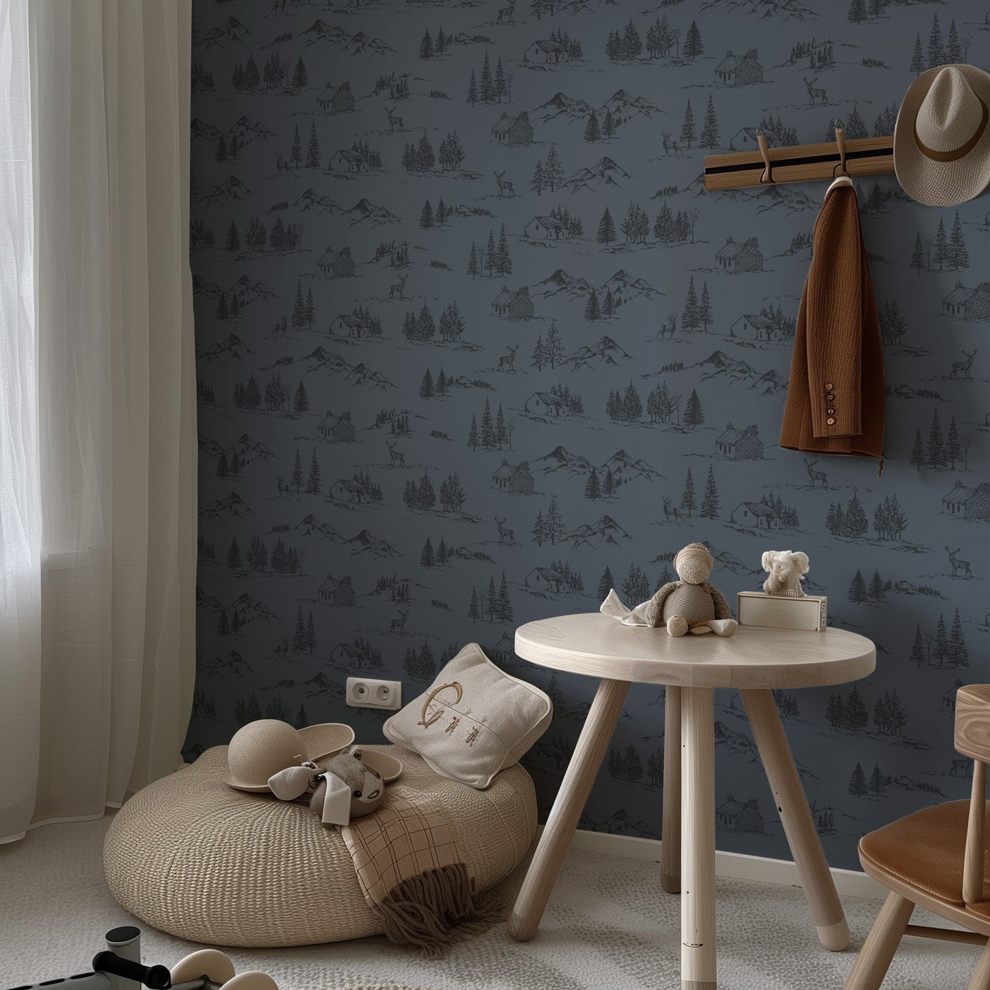 Winter Valley Toile Wallpaper in Midnight Blue shown in a bedroom