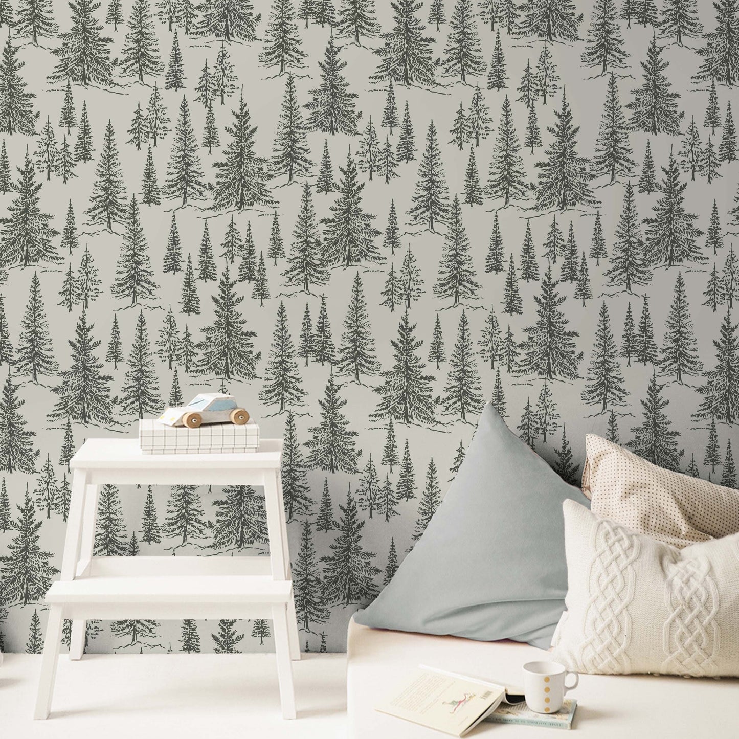 Winter Pines Wallpaper in Moss Green shown in a bedroom