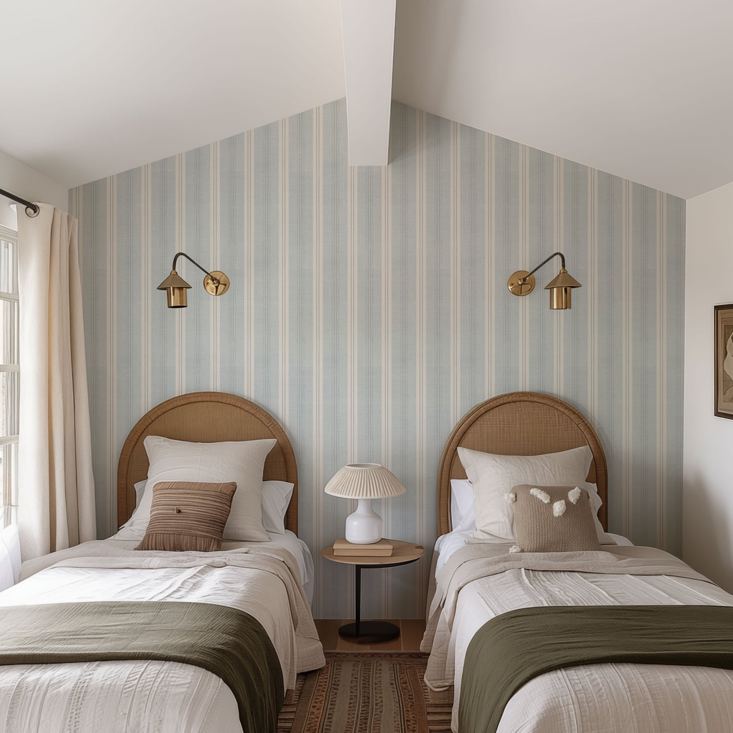 Antique Linen Stripe Wallpaper in Hinting Blue shown in a bedroom.