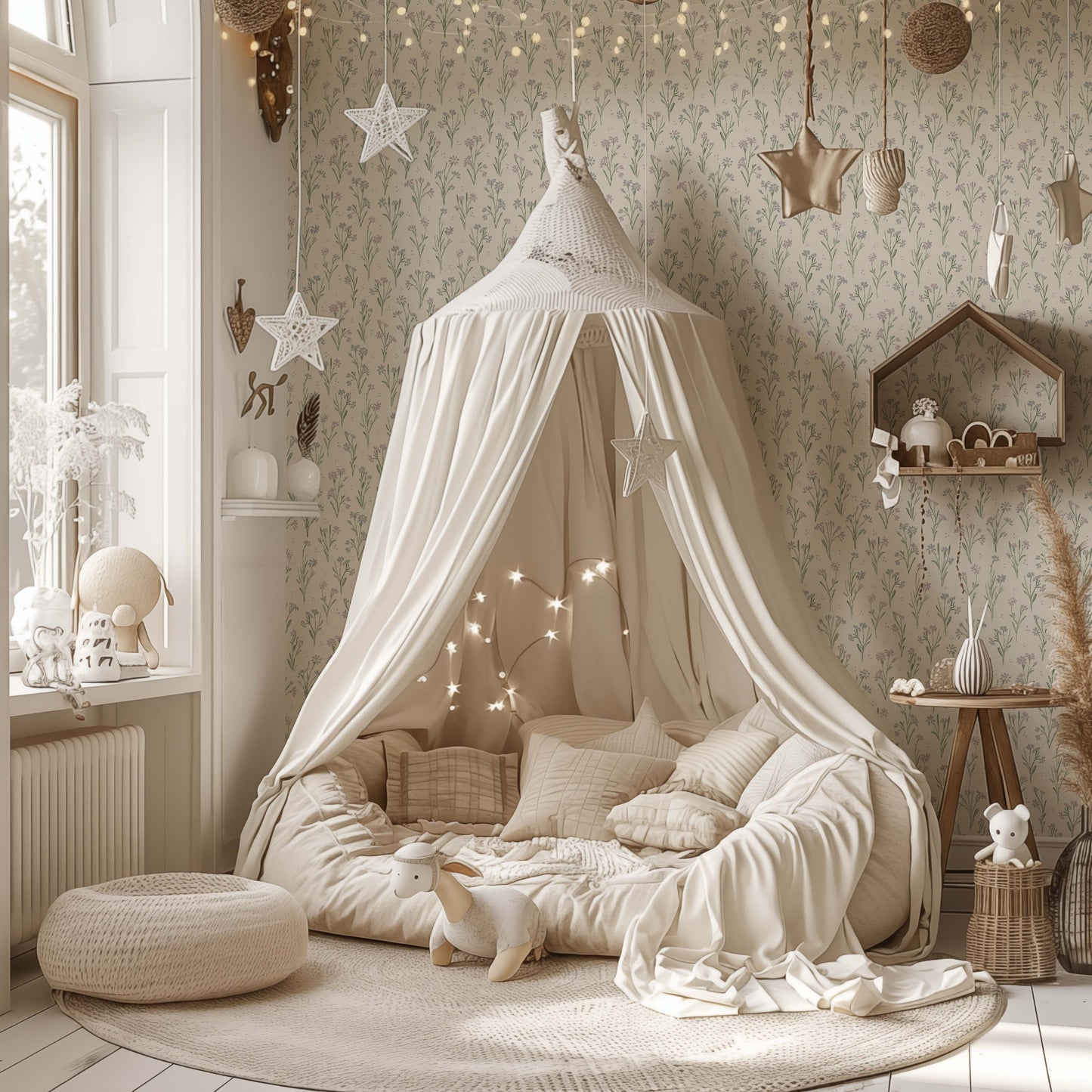 Cottage Garden Wallpaper in Meadow Green shown in a nursery