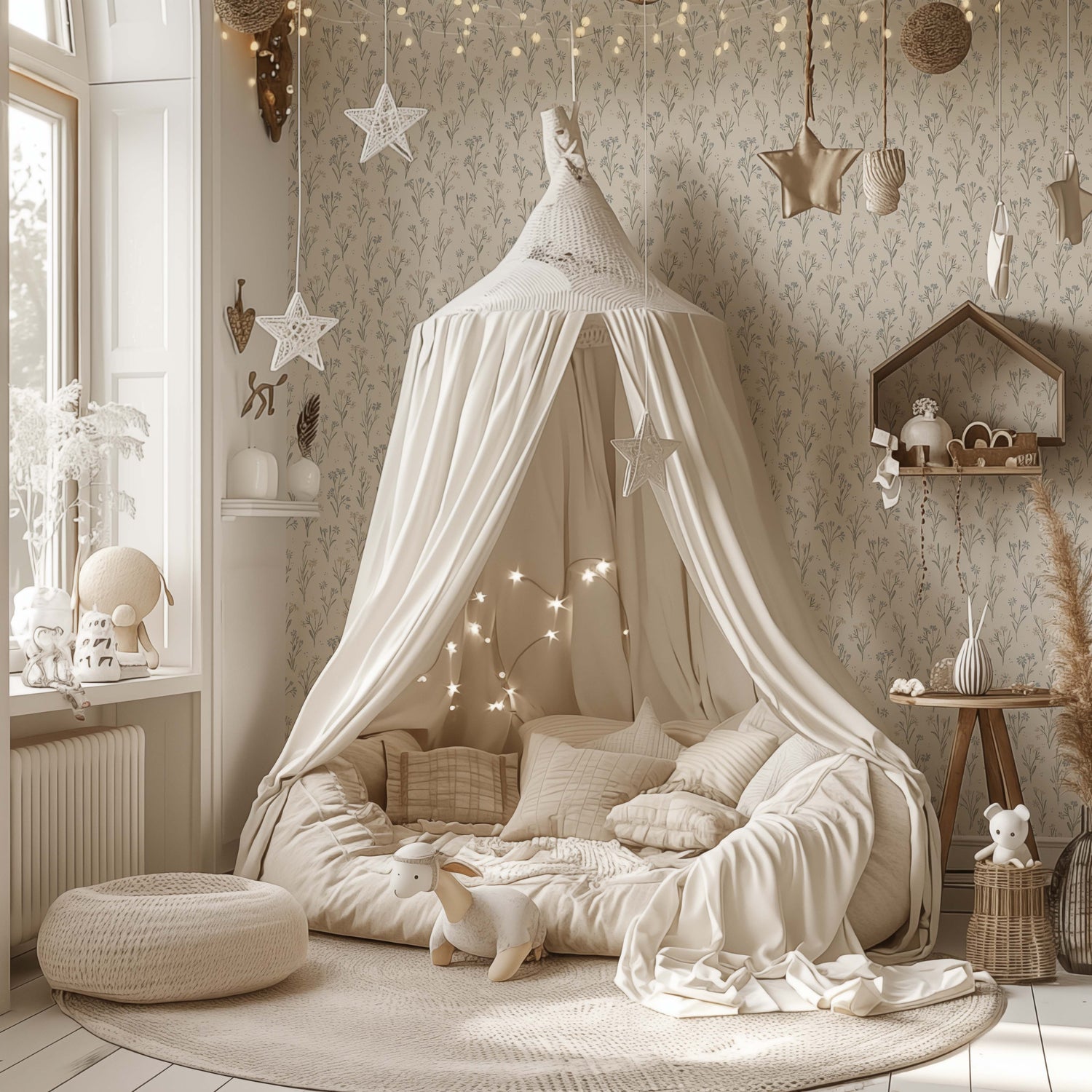 Cottage Garden Wallpaper in Neutral shown in a nursery
