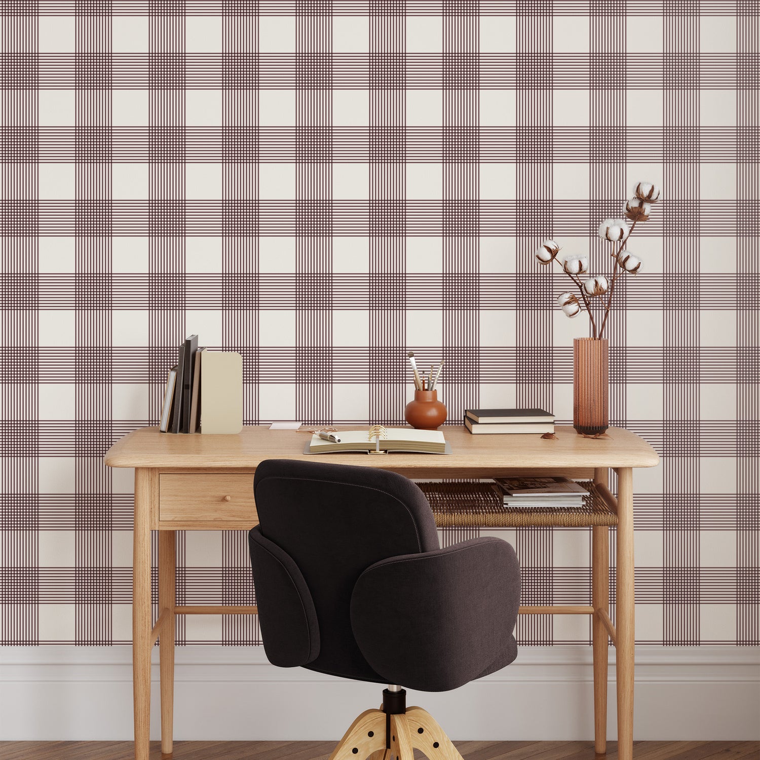 Vintage Gingham Wallpaper in Burgundy shown in study room