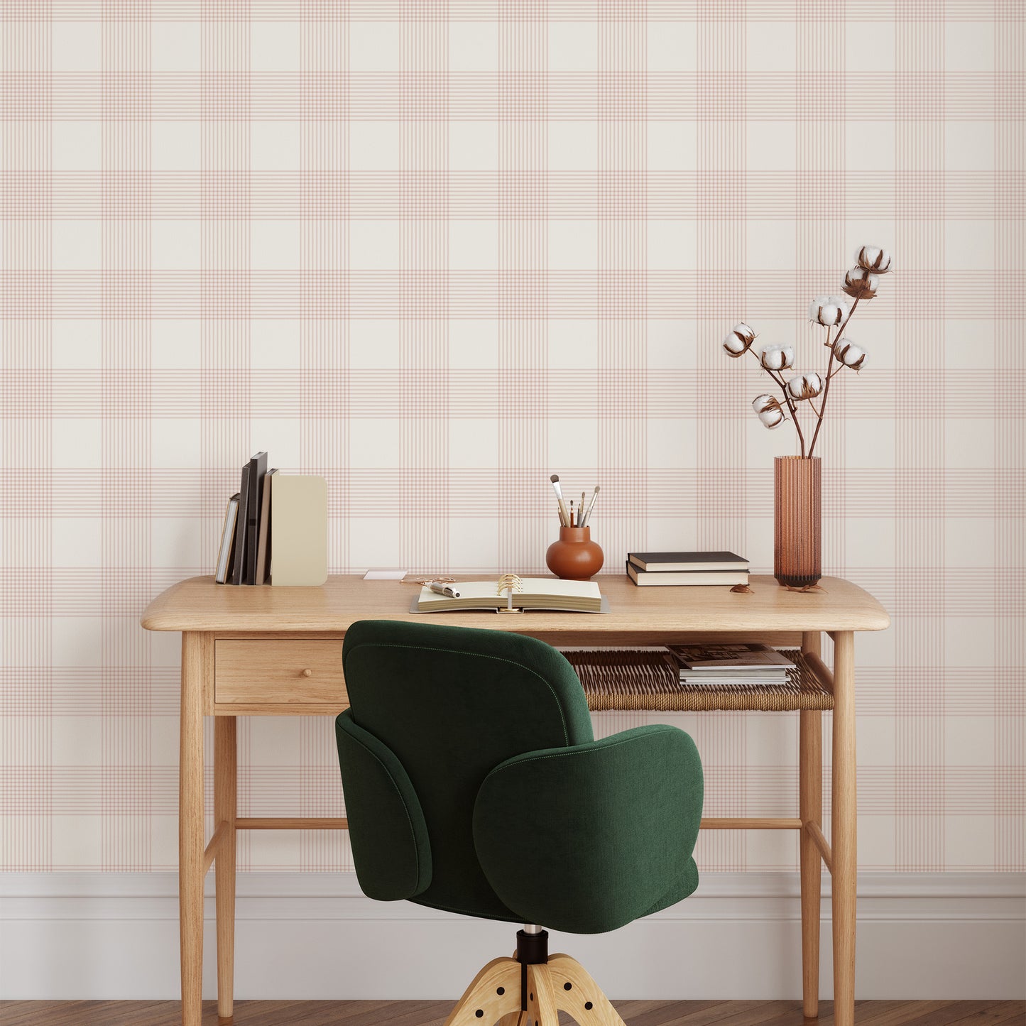 Vintage Gingham Wallpaper in Soft Pink shown in an office