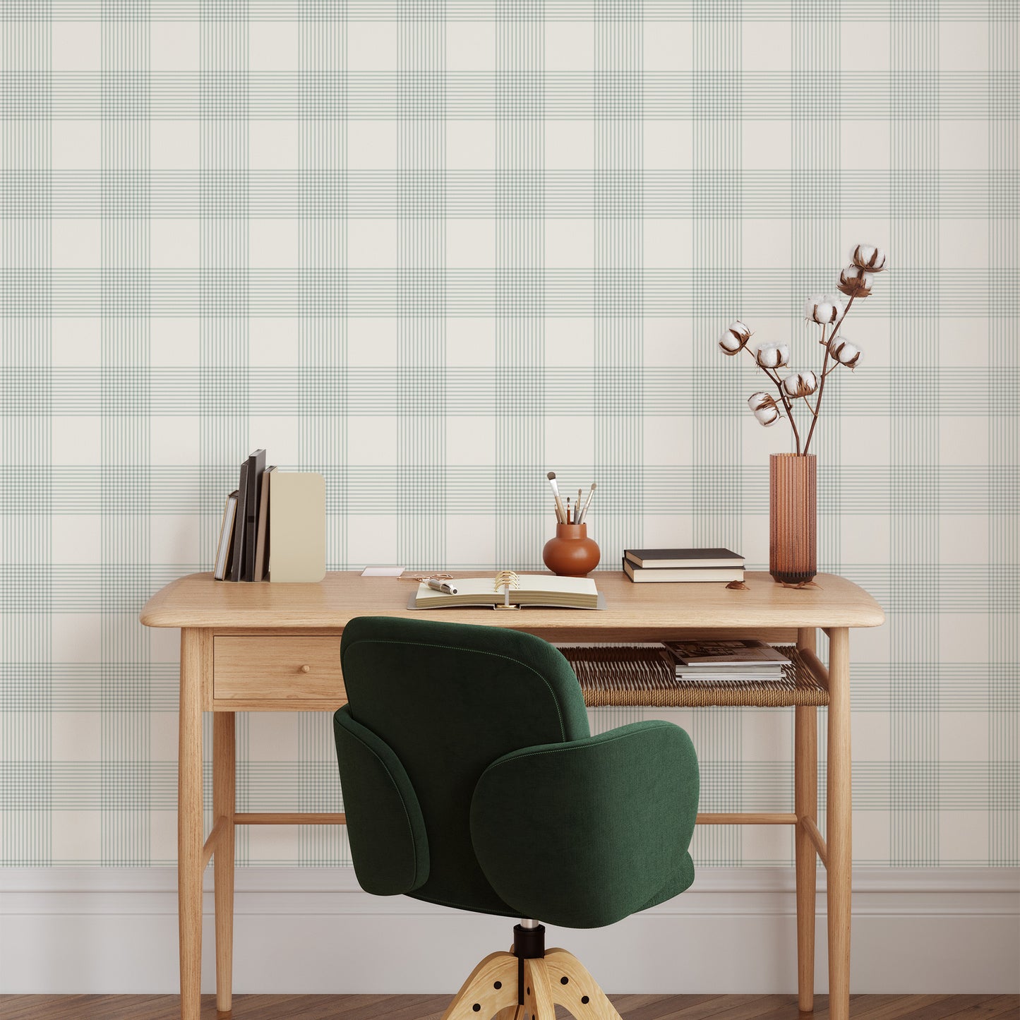 Vintage Gingham Wallpaper in Mint Green shown in an office