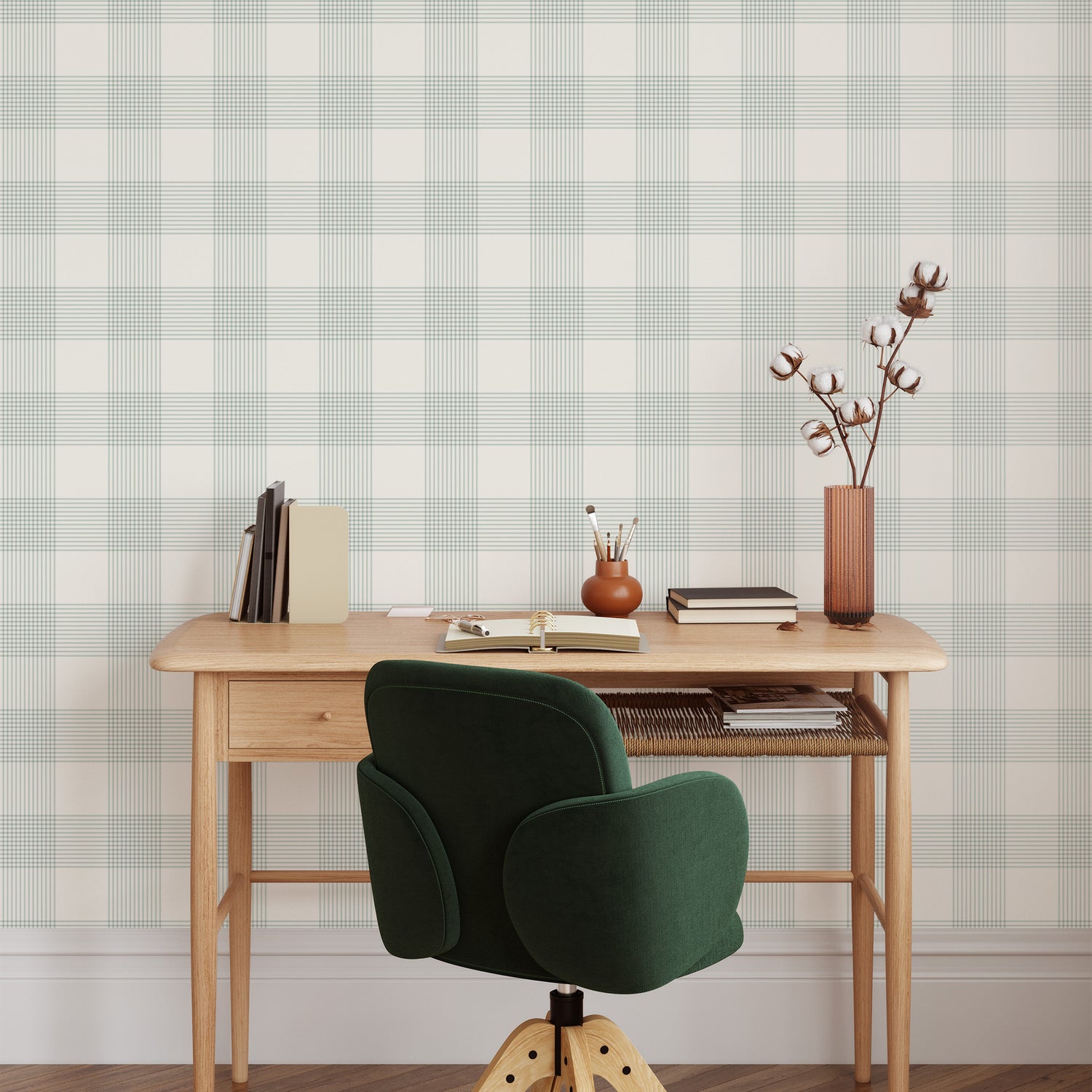 Vintage Gingham Wallpaper in Mint Green shown in an office