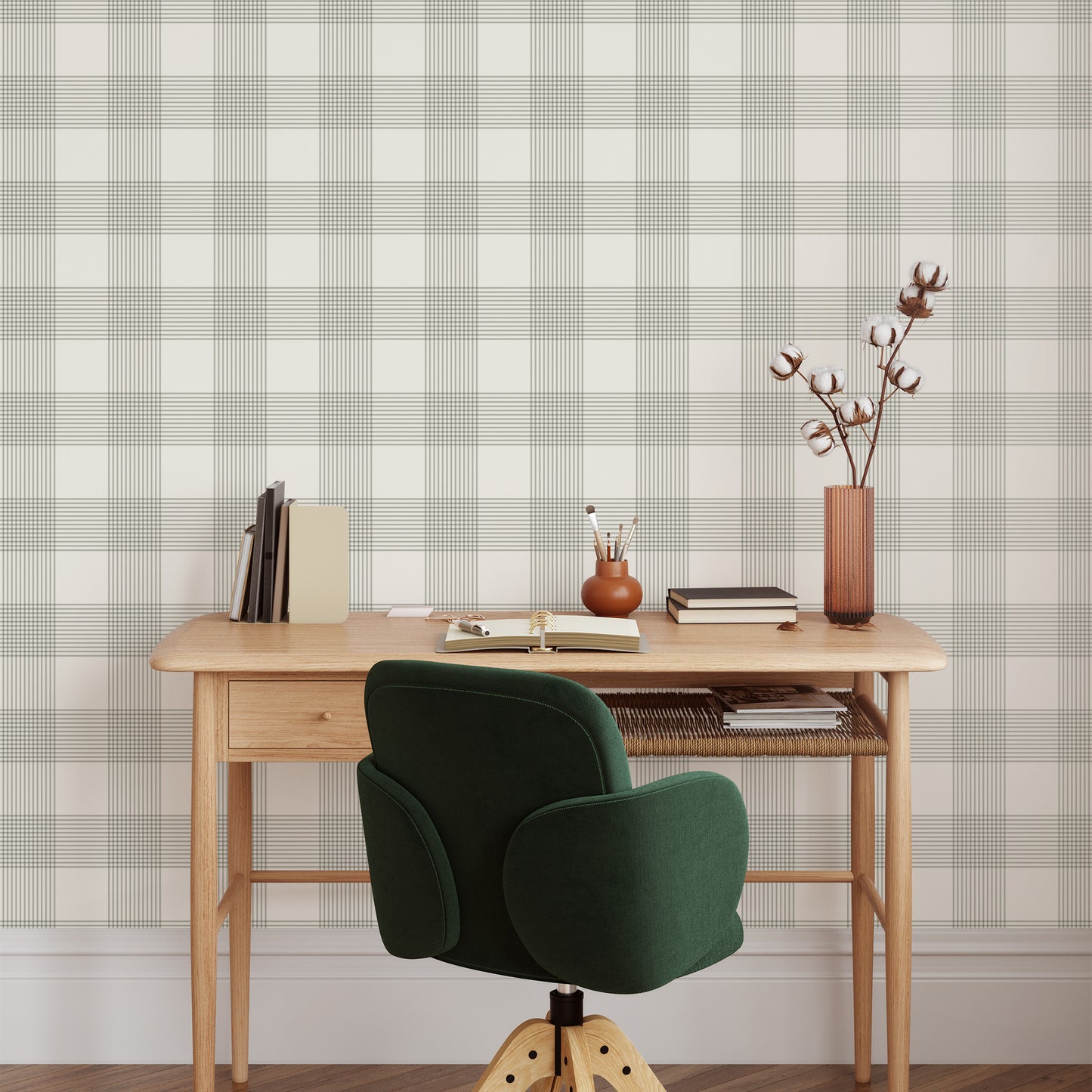 Vintage Gingham Wallpaper in Soft Sage shown in an office