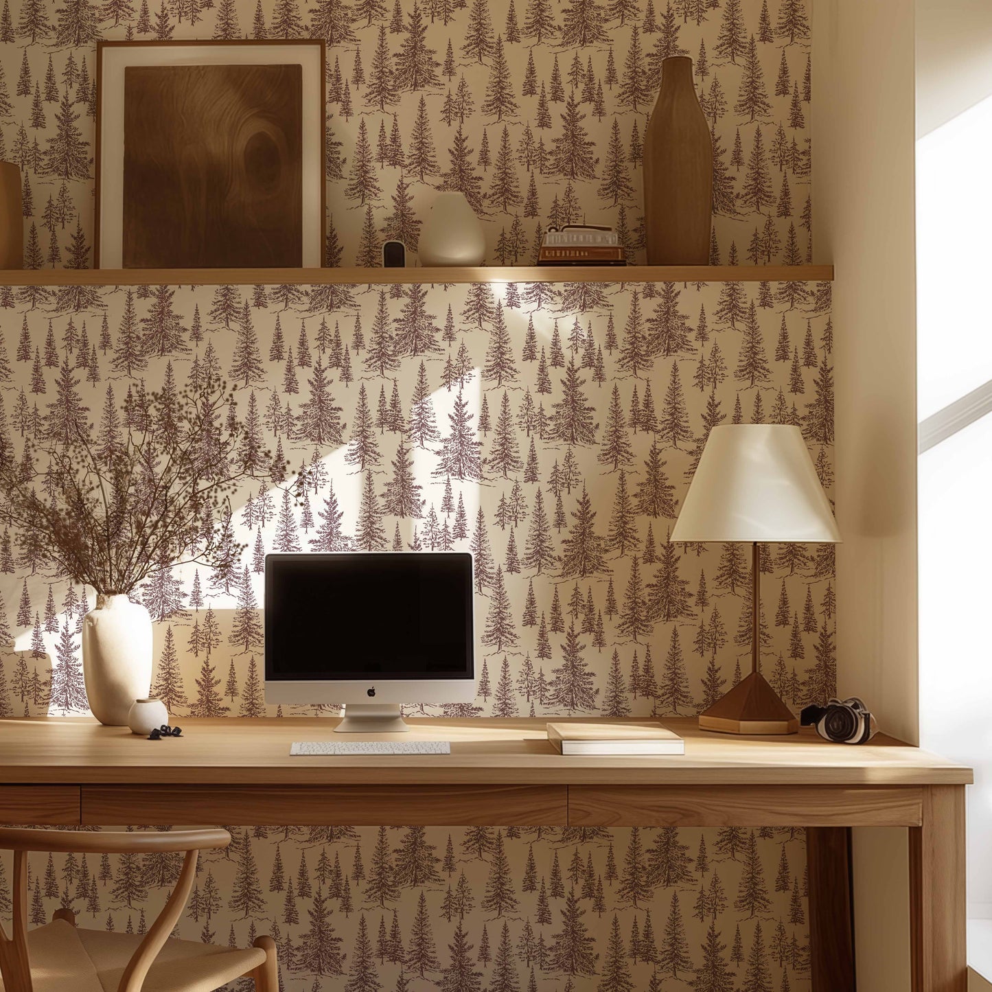 Winter Pines Wallpaper in Burgundy shown in a study room