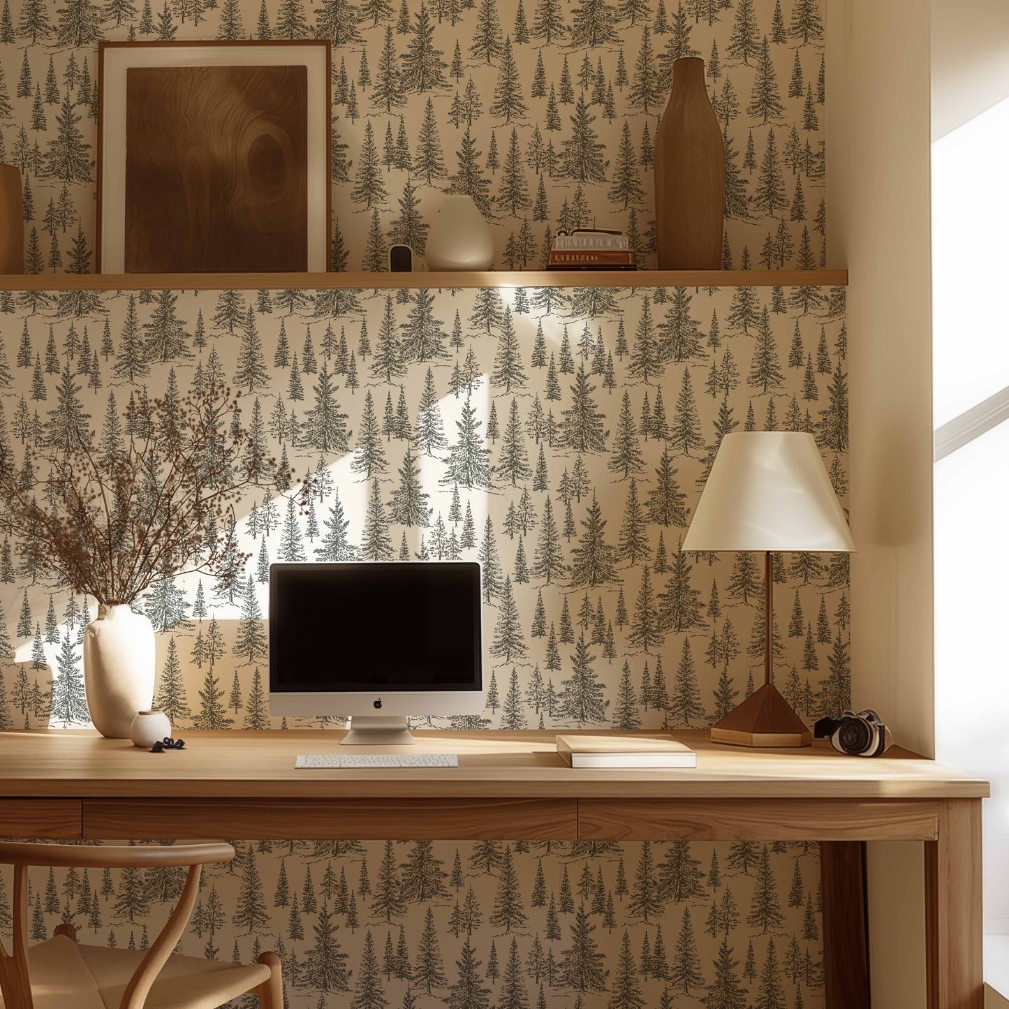Winter Pines Wallpaper in Forest Green shown in a study room