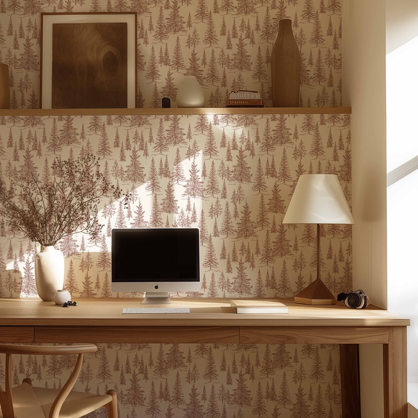 Winter Pines Wallpaper in Rust Orange shown in an office
