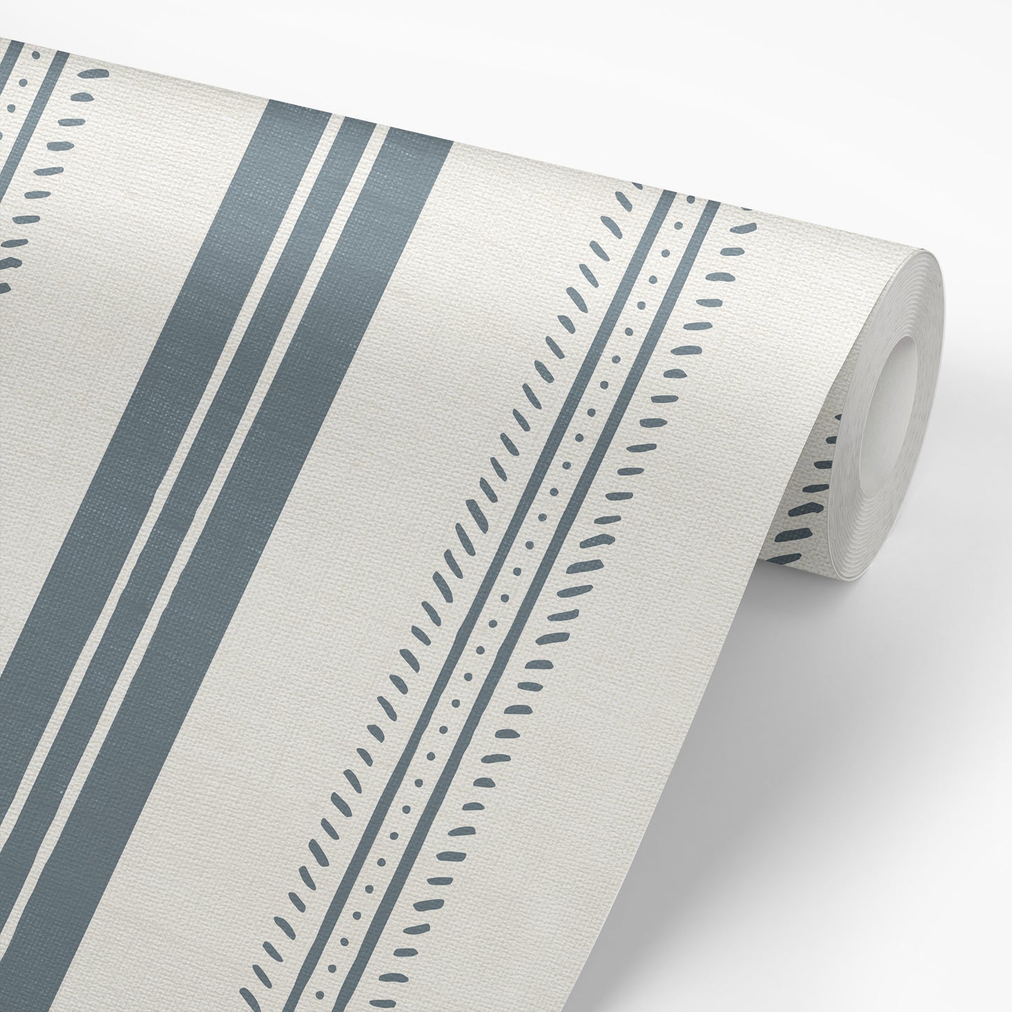 Antique Linen Stripe Wallpaper in Rain Cloud on Cream shown on a wallpaper roll.