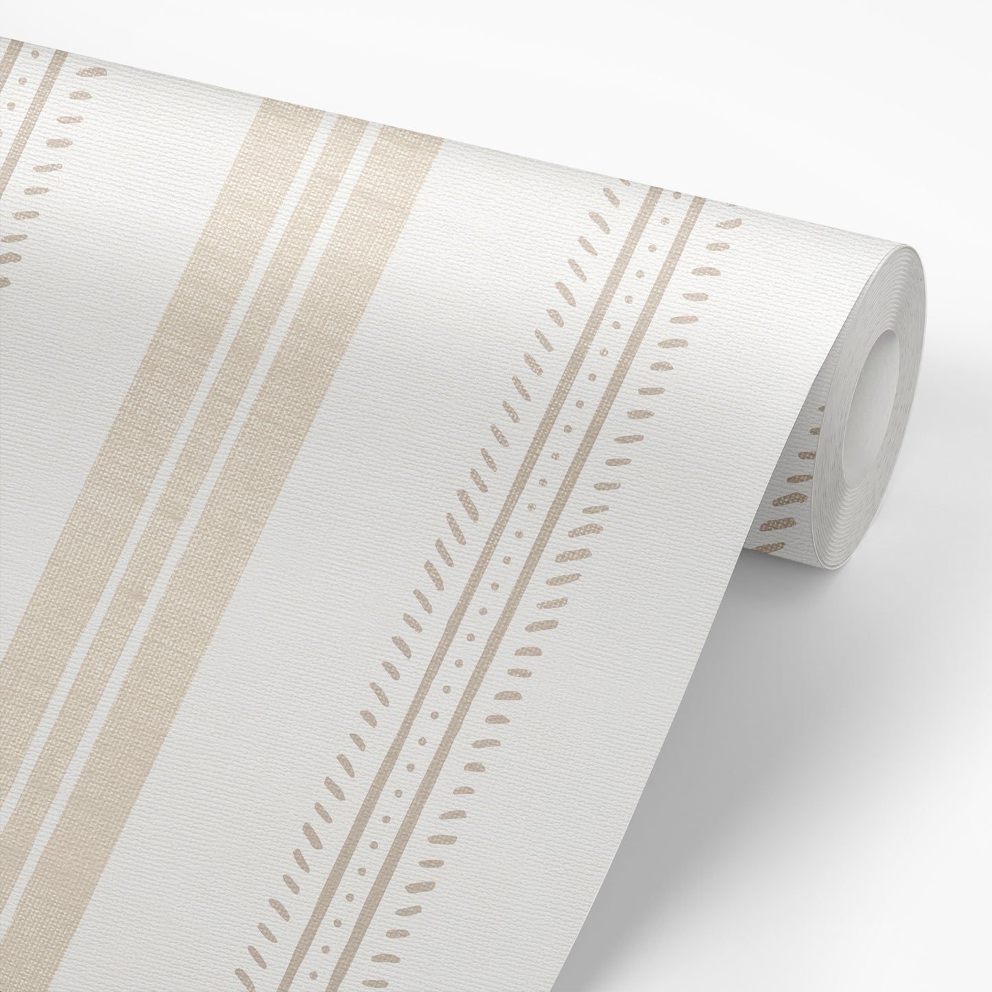 Antique Linen Stripes in Natural Linen on Cream shown on a wallpaper roll.