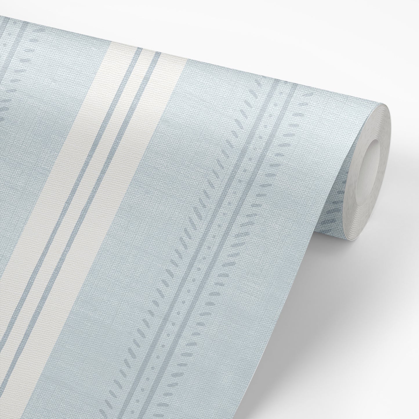 Antique Linen Stripe Wallpaper in Hinting Blue shown on a wallpaper roll.